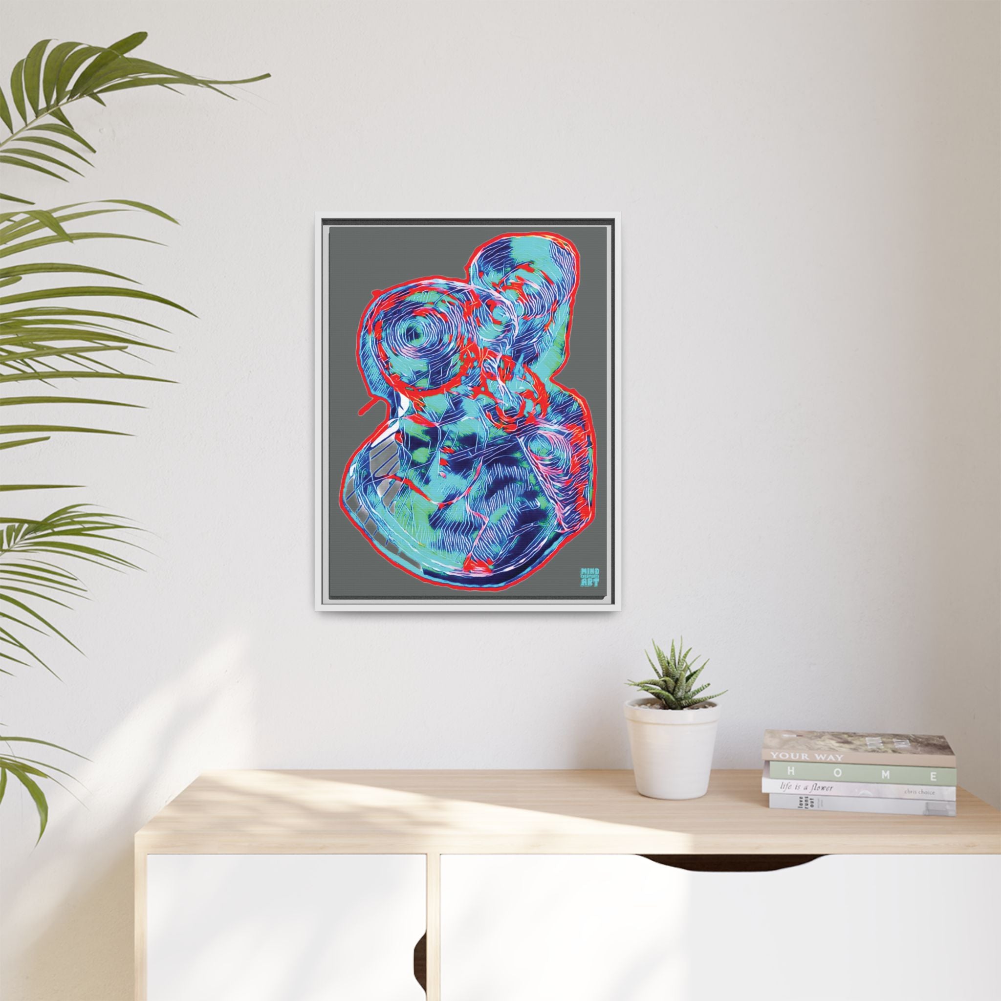 Curiosity (Red & Teal, Dark Gray Background) Matte Canvas, Framed