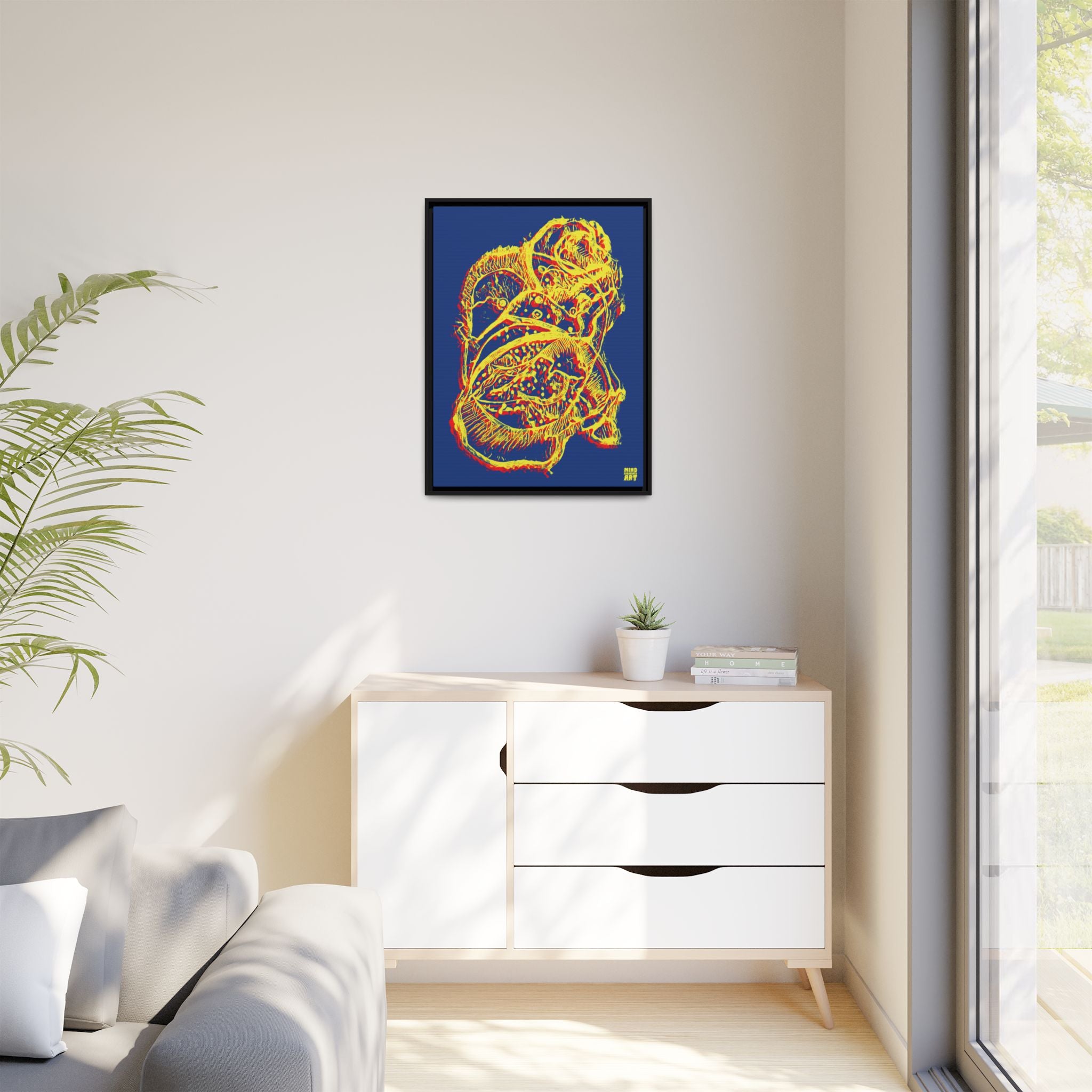 Exploration (Blur, Red & Yellow, Dark Blue Background) Matte Canvas, Framed