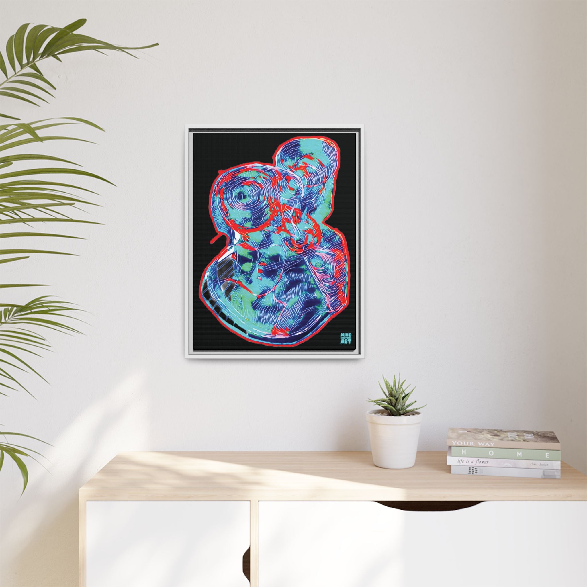 Curiosity (Red & Teal), Black Background) Matte Canvas, Framed