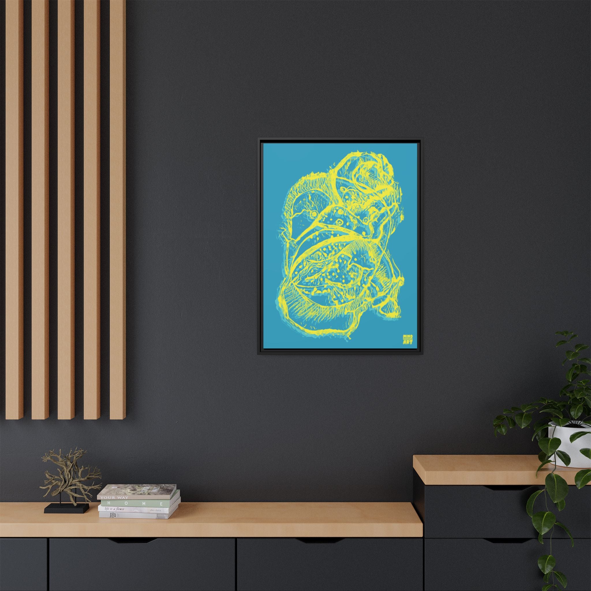 Exploration (Blur, Blue & Yellow, Dark Blue Background) Matte Canvas, Framed