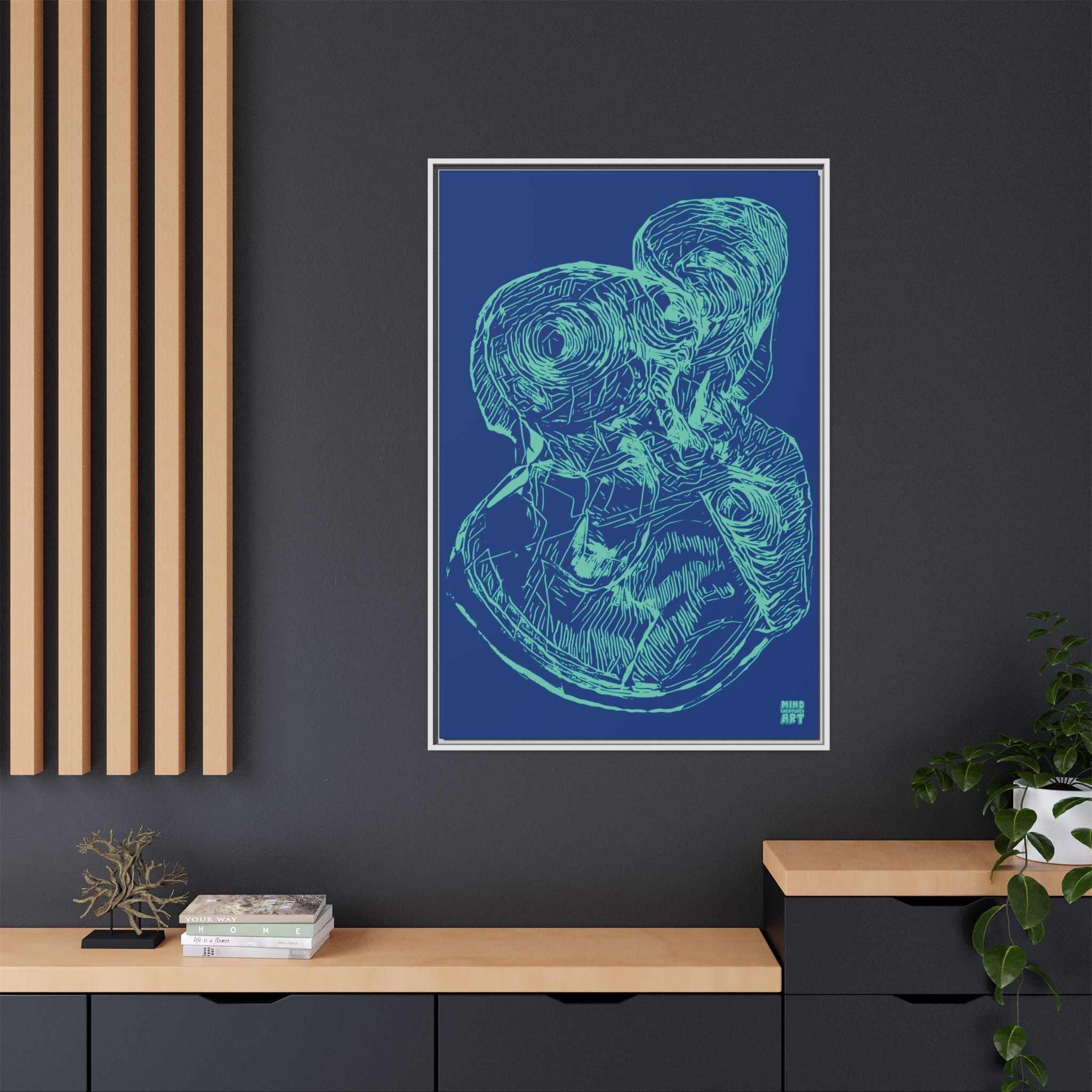 Curiosity (Teal, Dark Blue Background) Matte Canvas, Framed