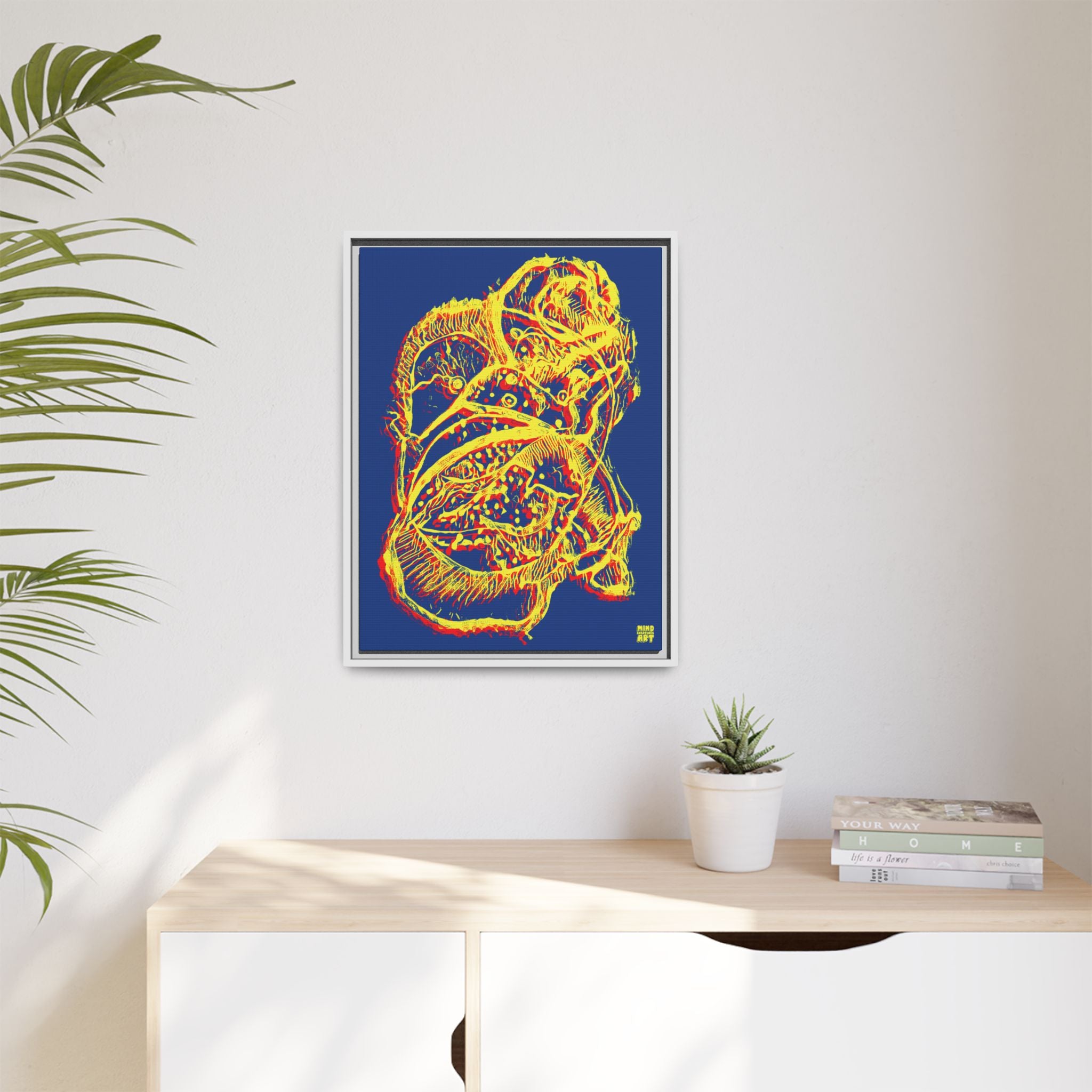 Exploration (Blur, Red & Yellow, Dark Blue Background) Matte Canvas, Framed