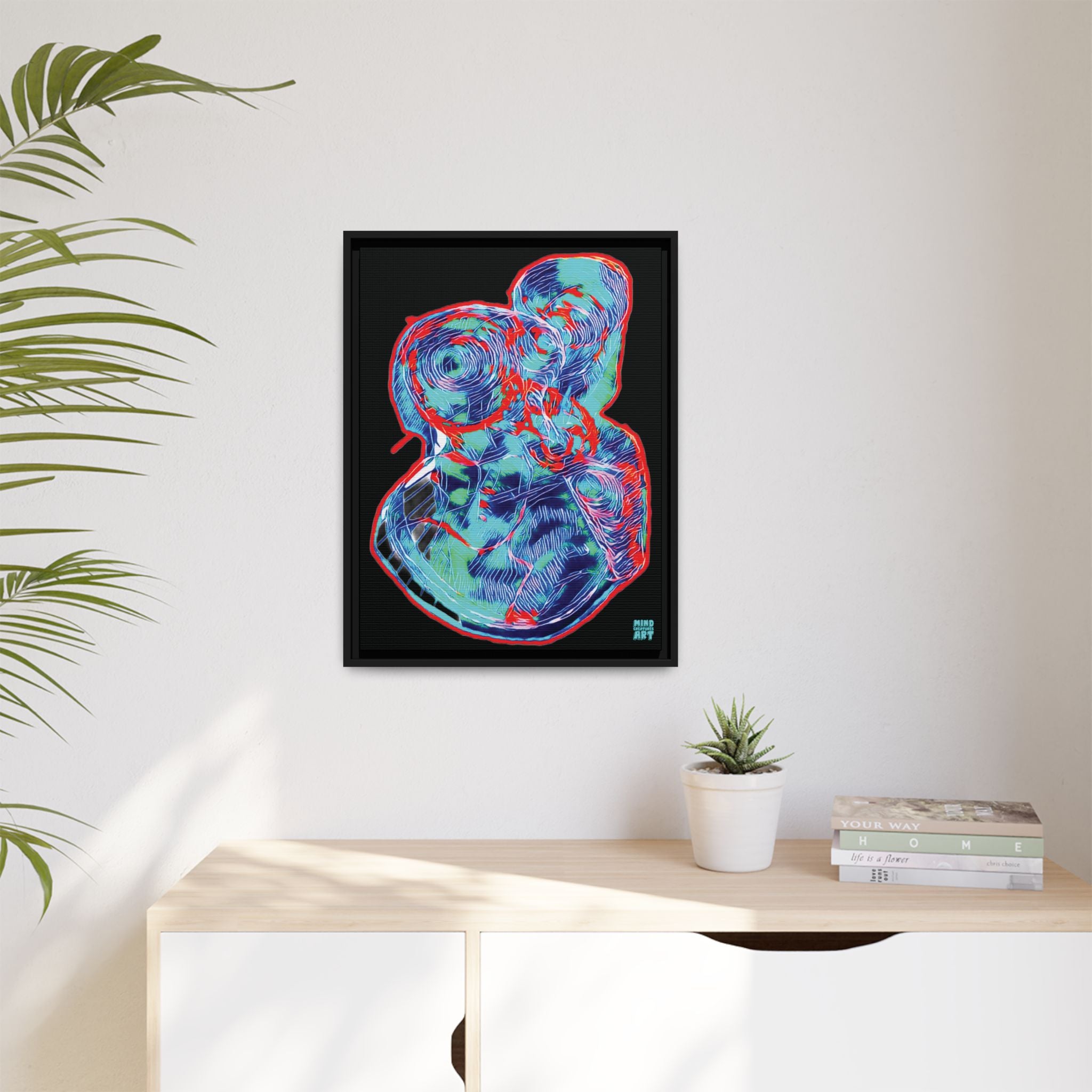 Curiosity (Red & Teal), Black Background) Matte Canvas, Framed