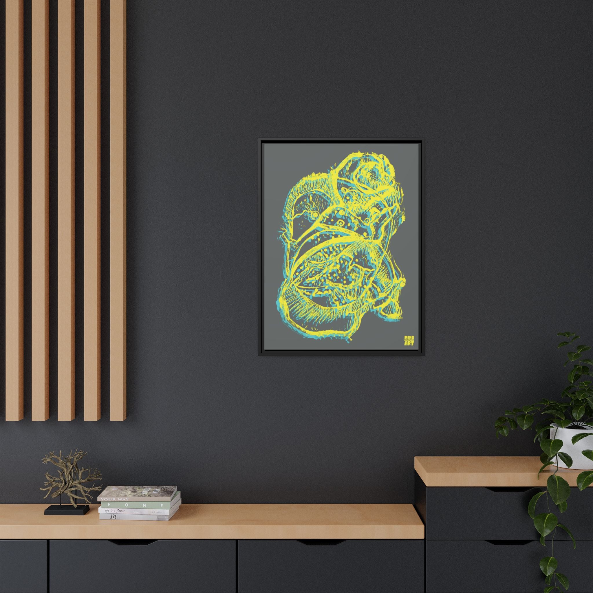 Exploration (Blur, Blue & Yellow, Dark Gray Background) Matte Canvas, Framed