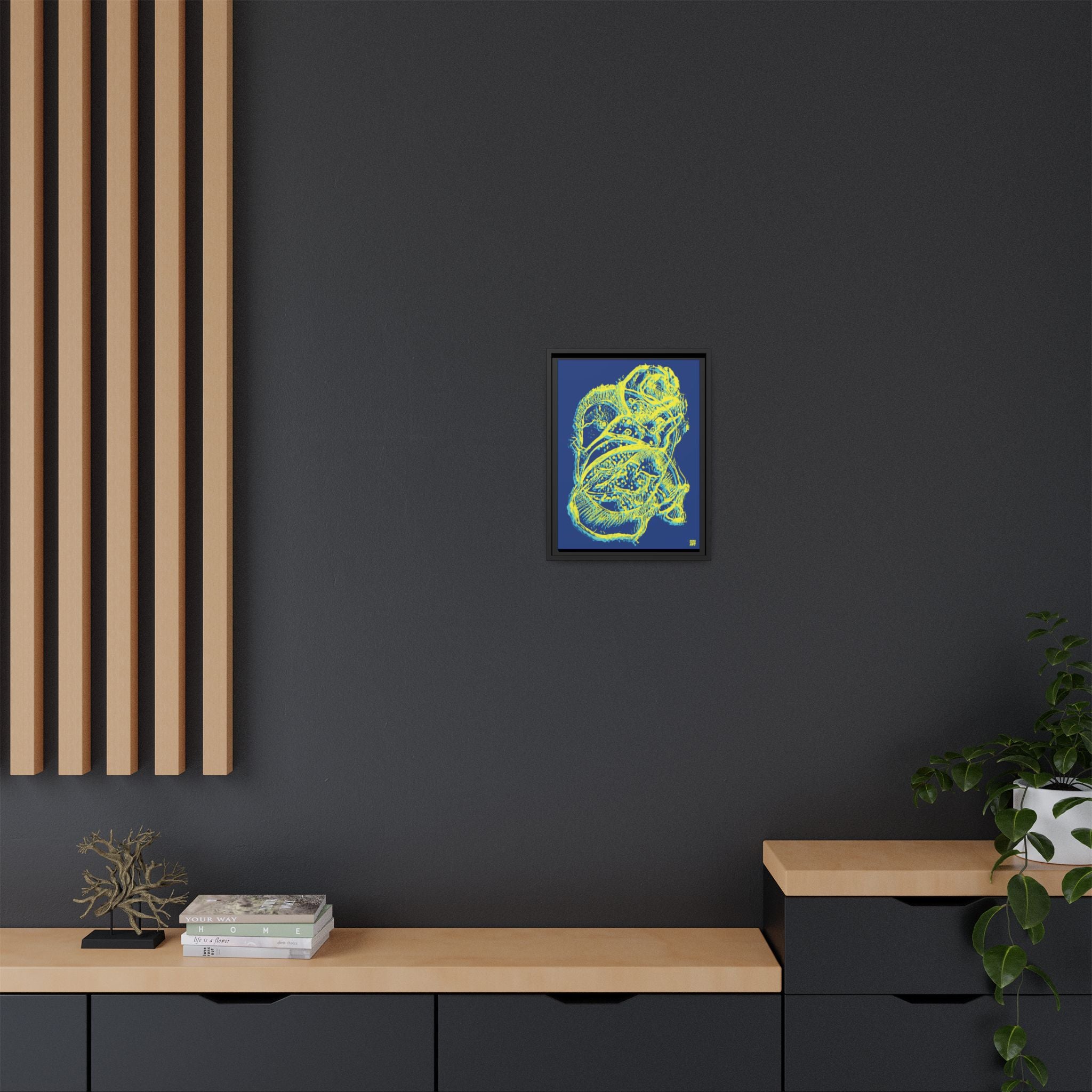 Exploration (Blur, Blue & Yellow, Dark Blue Background) Matte Canvas, Framed