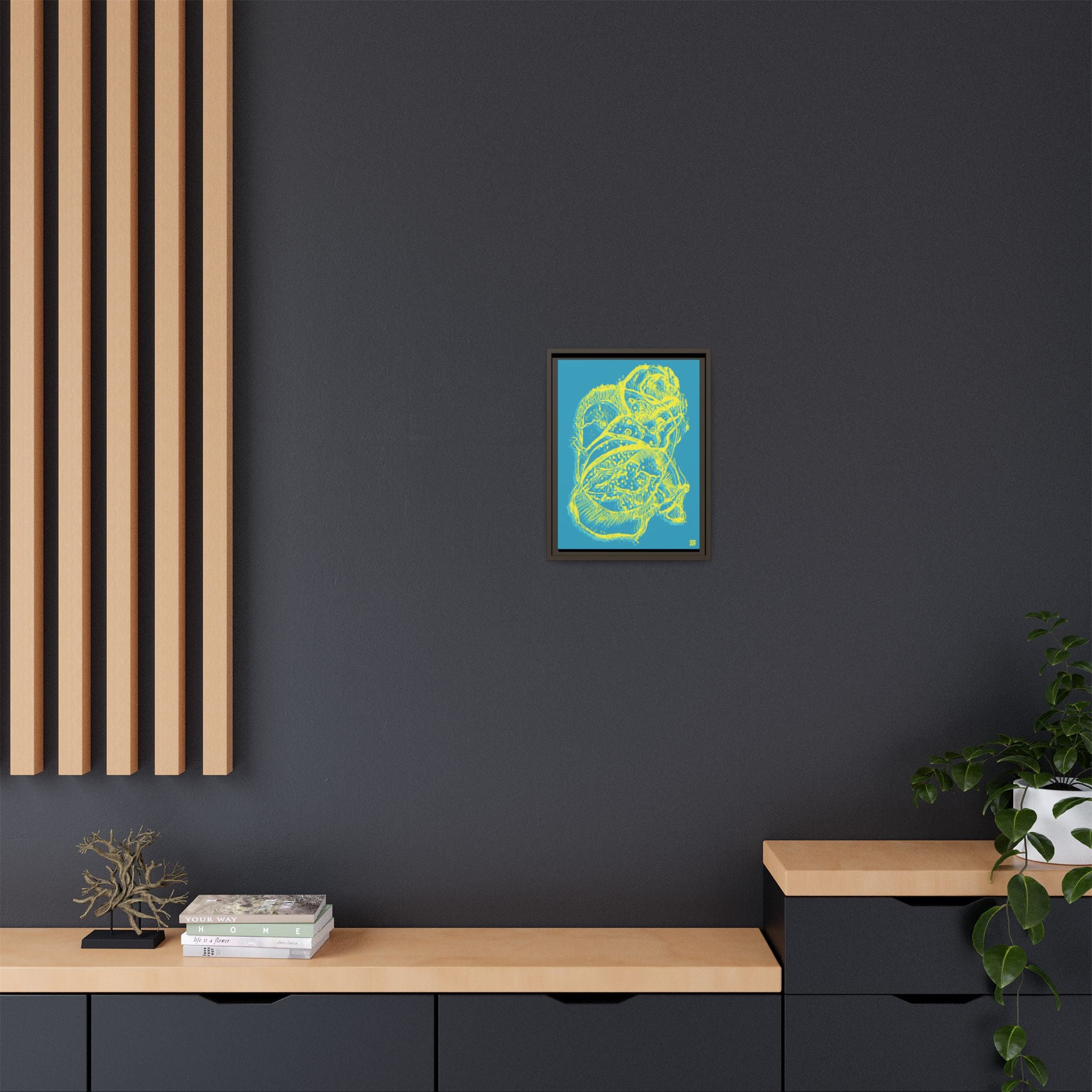 Exploration (Blur, Blue & Yellow, Dark Blue Background) Matte Canvas, Framed