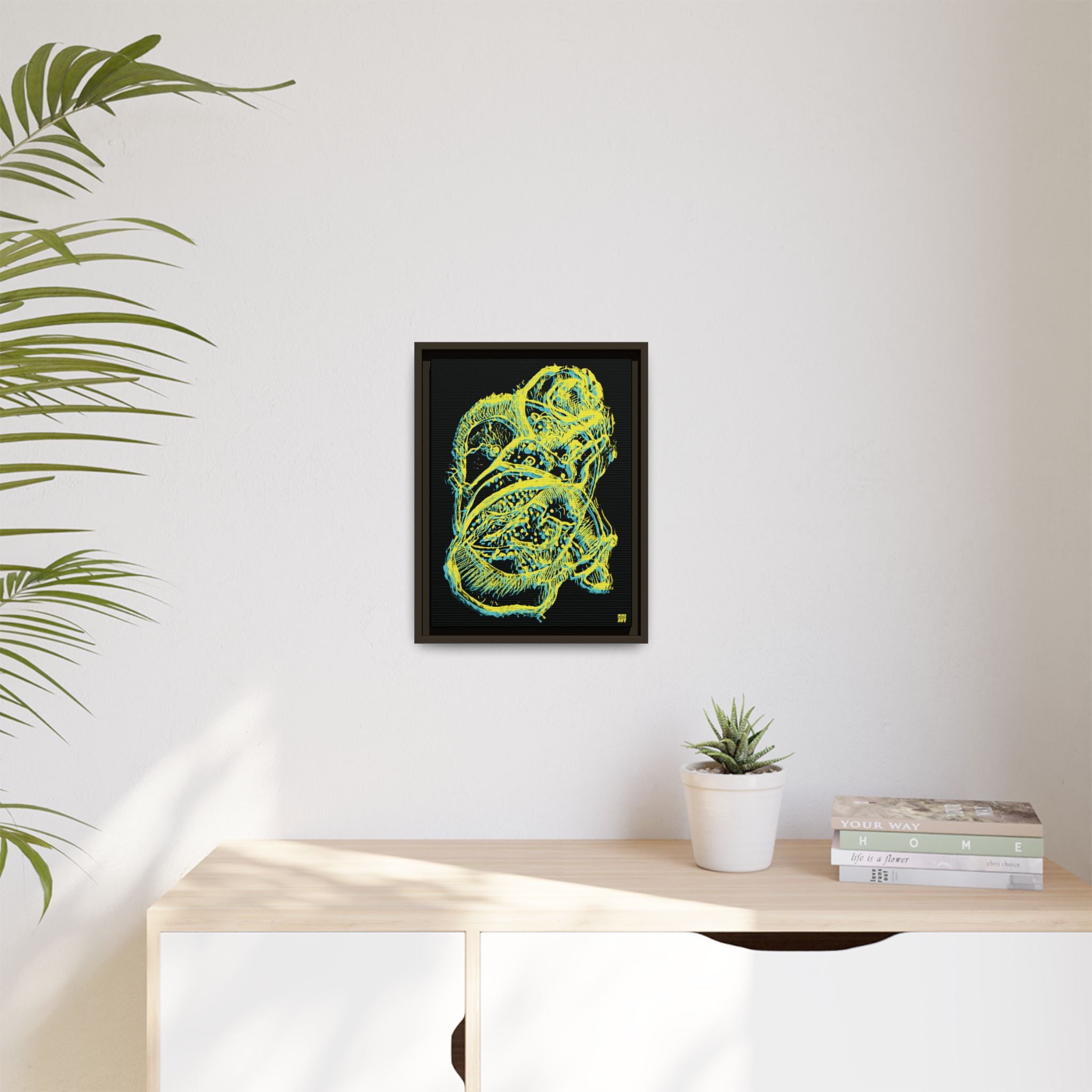 Exploration (Blur, Blue & Yellow, Black Background) Matte Canvas, Framed