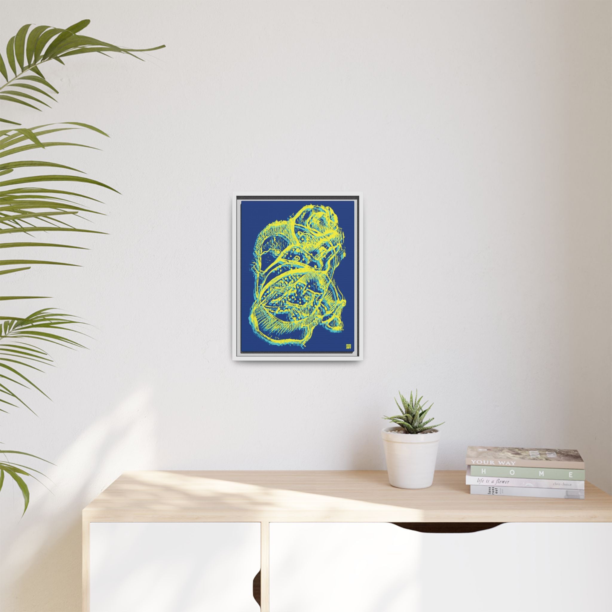 Exploration (Blur, Blue & Yellow, Dark Blue Background) Matte Canvas, Framed