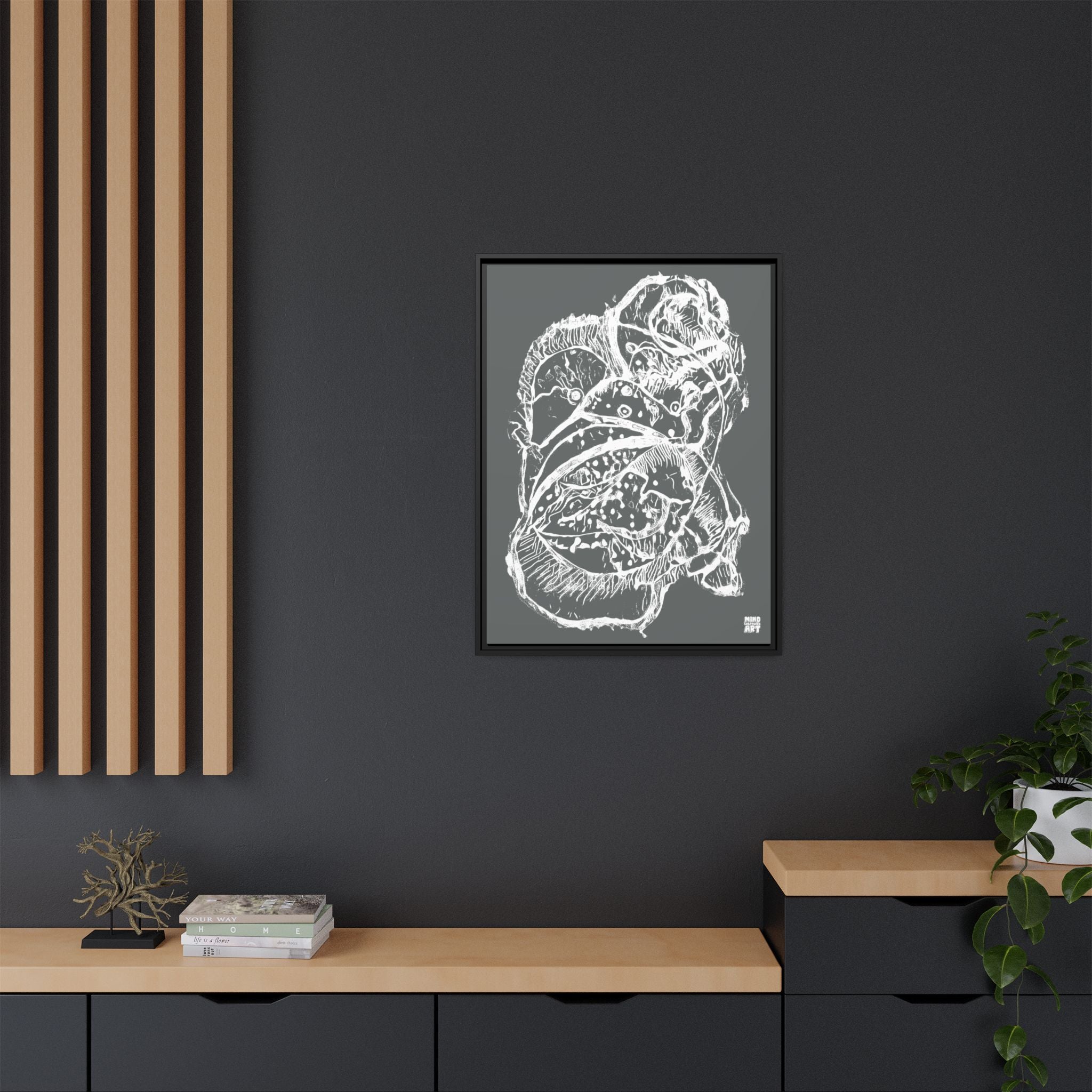 Exploration (White, Dark Gray Background) Matte Canvas, Framed
