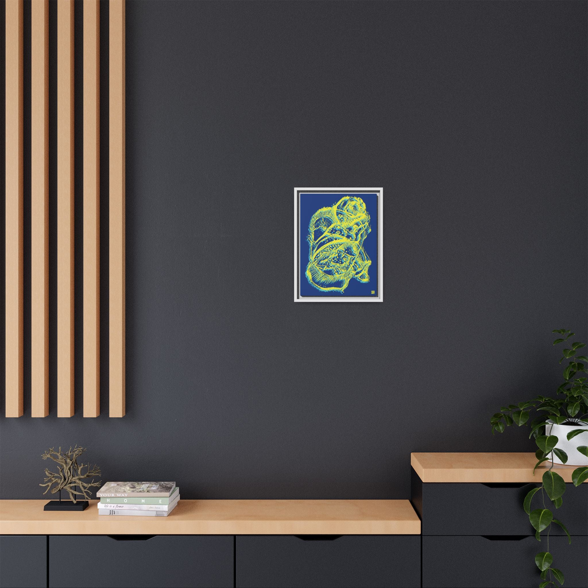 Exploration (Blur, Blue & Yellow, Dark Blue Background) Matte Canvas, Framed