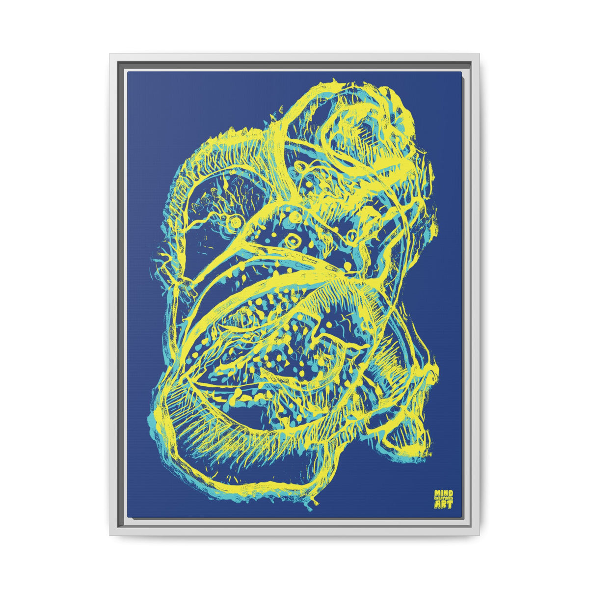 Exploration (Blur, Blue & Yellow, Dark Blue Background) Matte Canvas, Framed