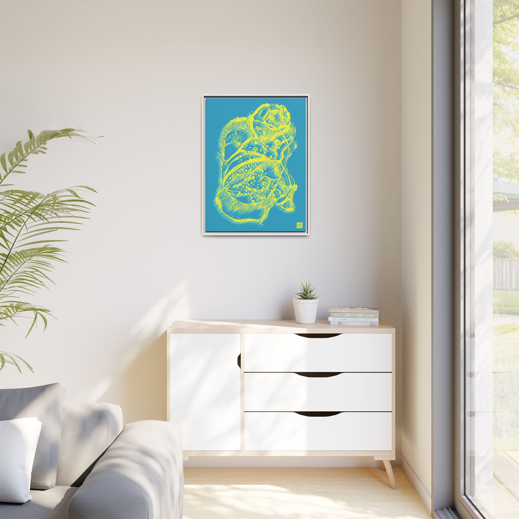 Exploration (Blur, Blue & Yellow, Dark Blue Background) Matte Canvas, Framed