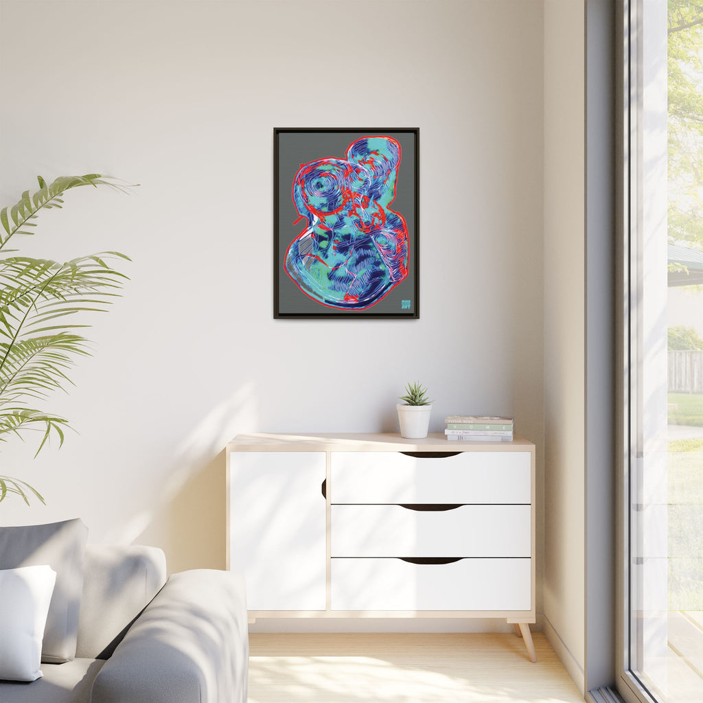 Curiosity (Red & Teal, Dark Gray Background) Matte Canvas, Framed
