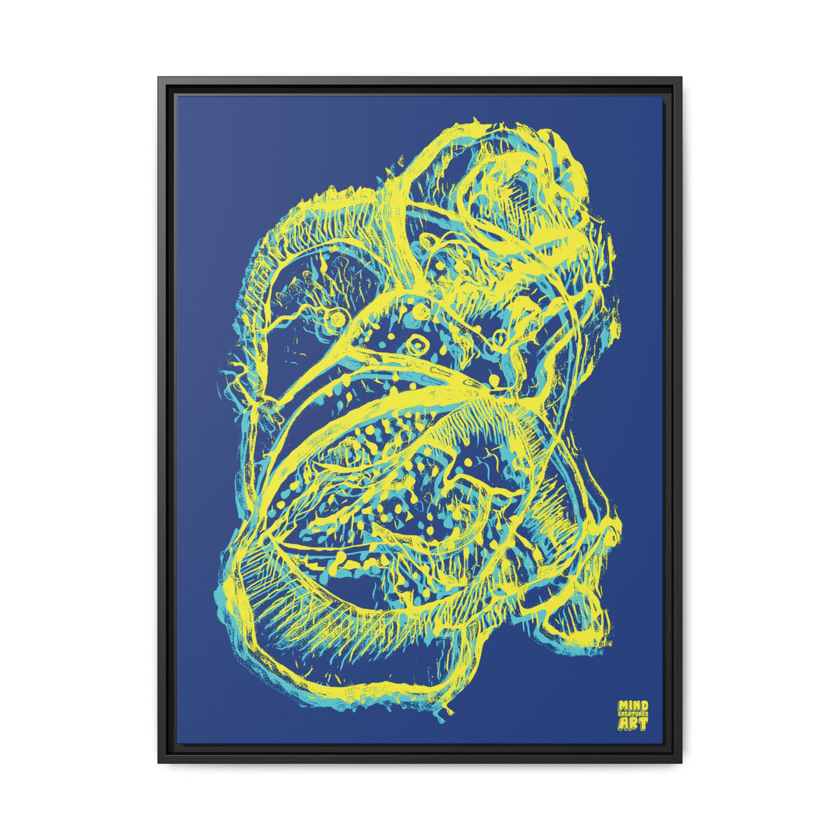 Exploration (Blur, Blue & Yellow, Dark Blue Background) Matte Canvas, Framed