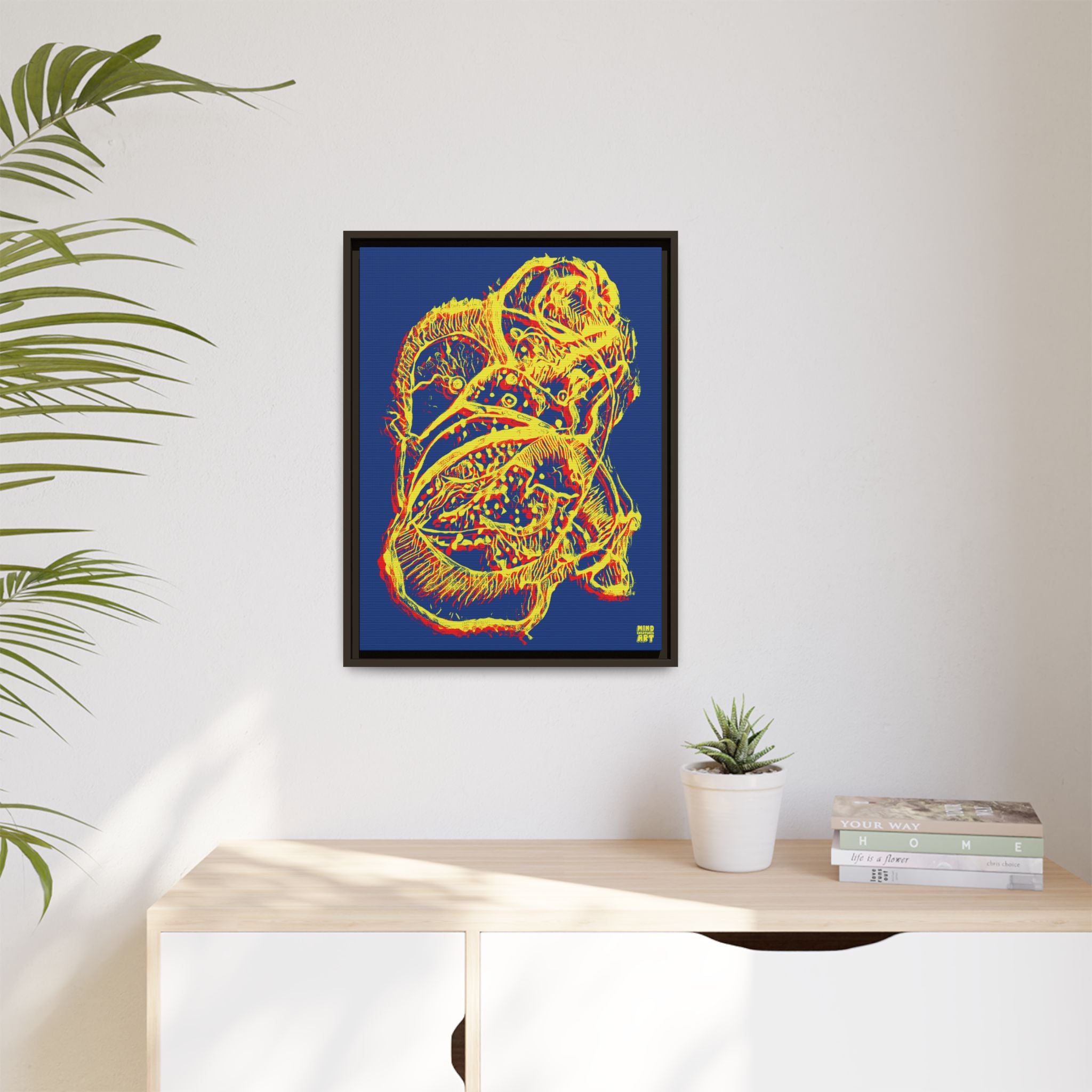Exploration (Blur, Red & Yellow, Dark Blue Background) Matte Canvas, Framed