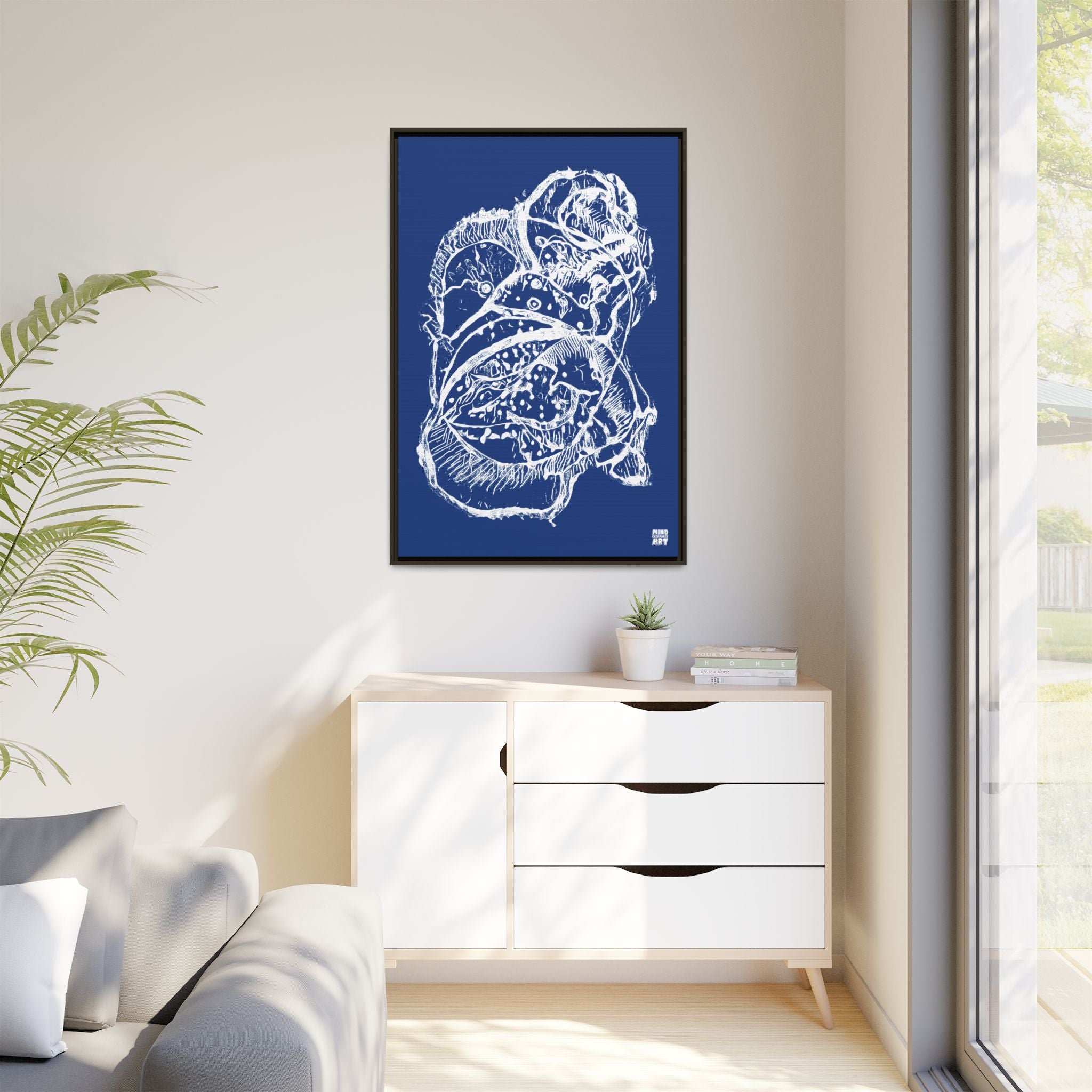 Exploration (White, Dark Blue Background) Matte Canvas, Framed