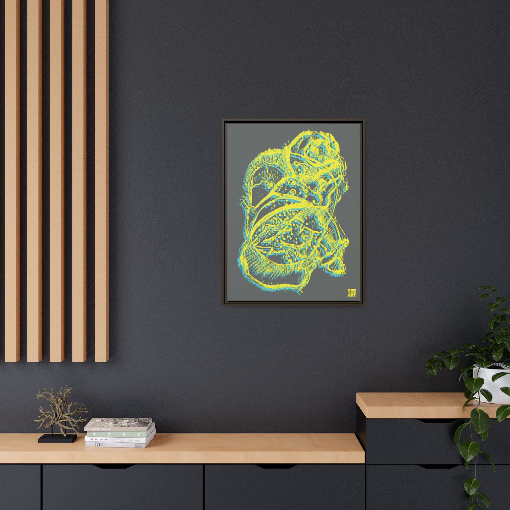 Exploration (Blur, Blue & Yellow, Dark Gray Background) Matte Canvas, Framed