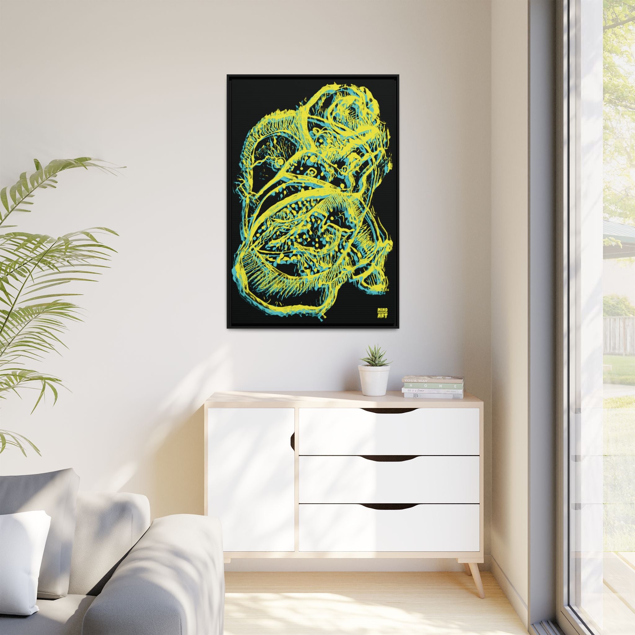 Exploration (Blur, Blue & Yellow, Black Background) Matte Canvas, Framed