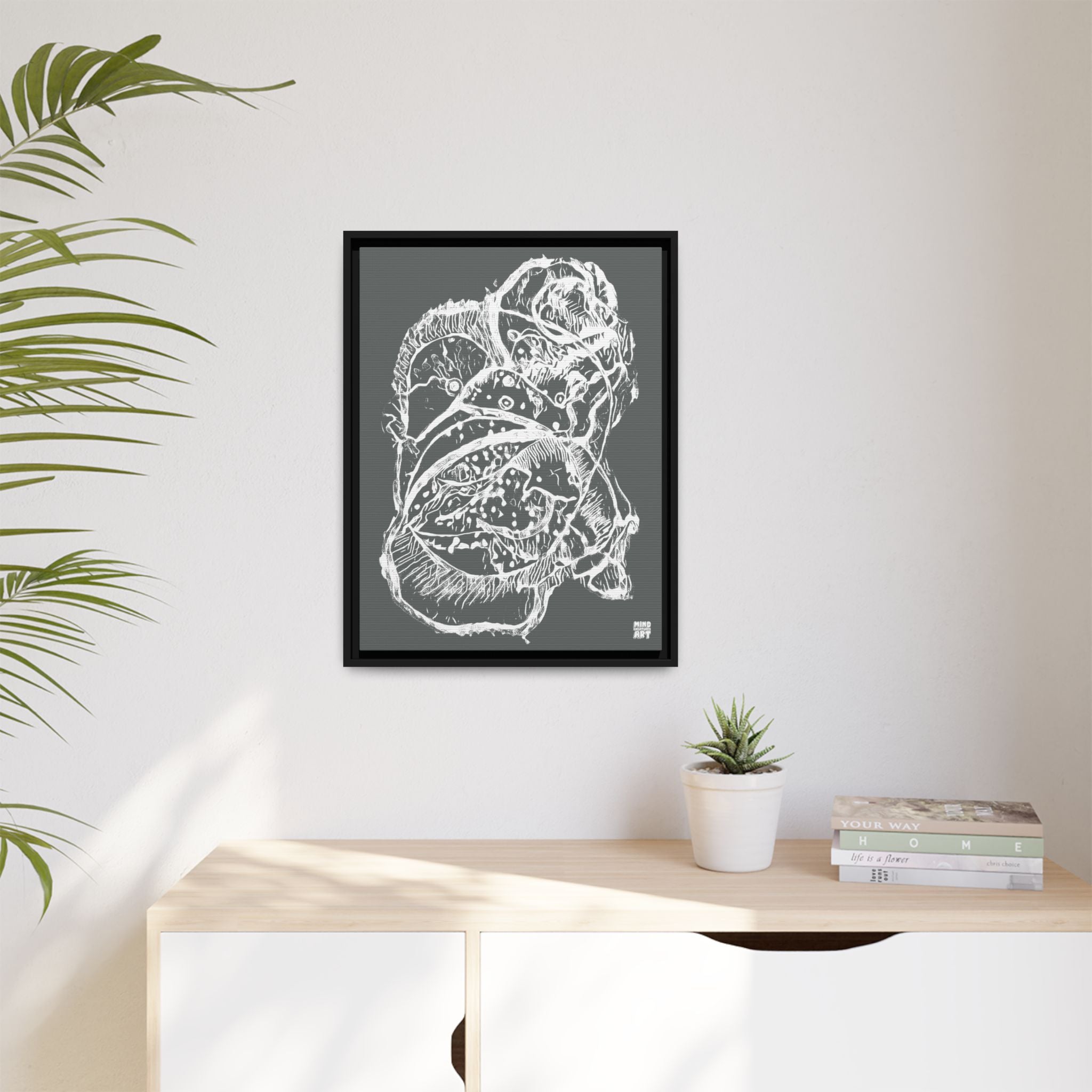 Exploration (White, Dark Gray Background) Matte Canvas, Framed