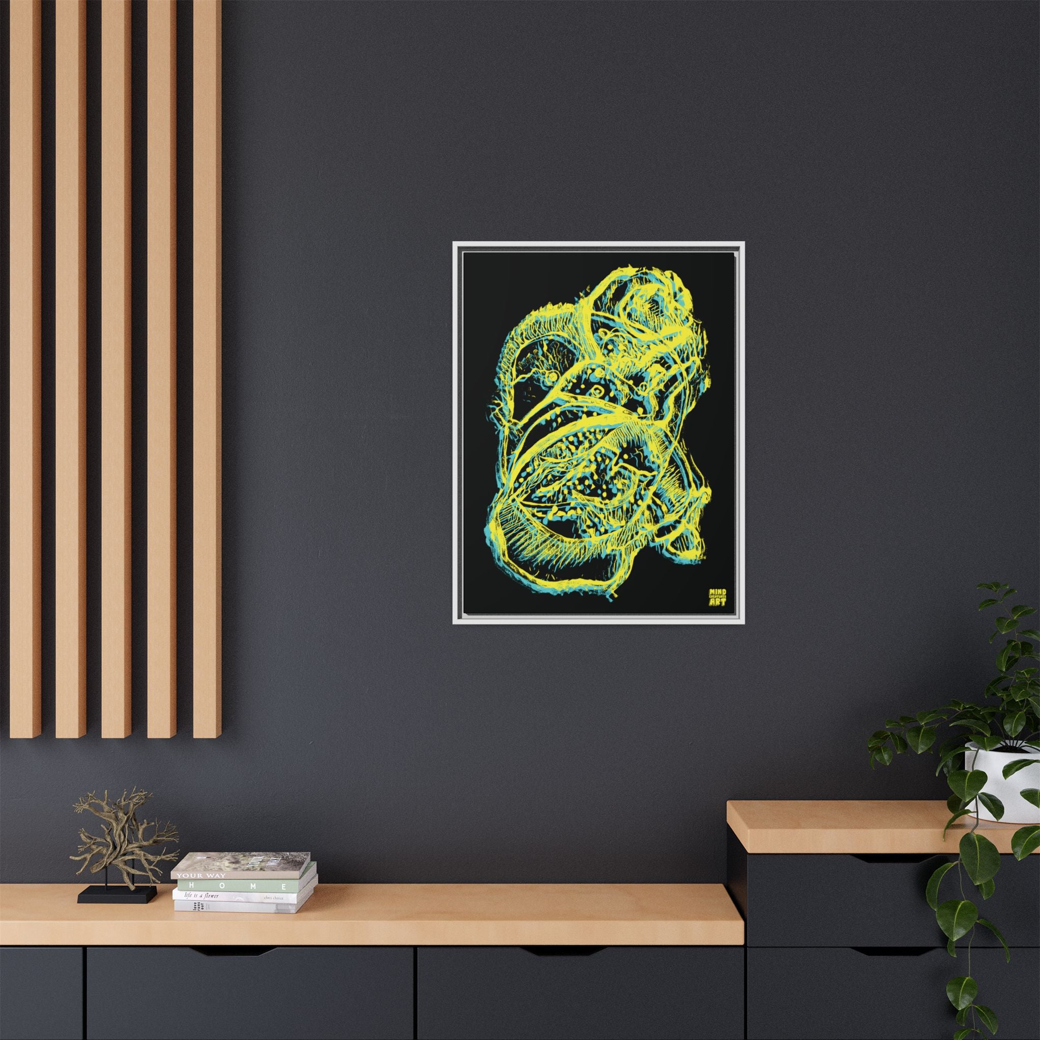 Exploration (Blur, Blue & Yellow, Black Background) Matte Canvas, Framed