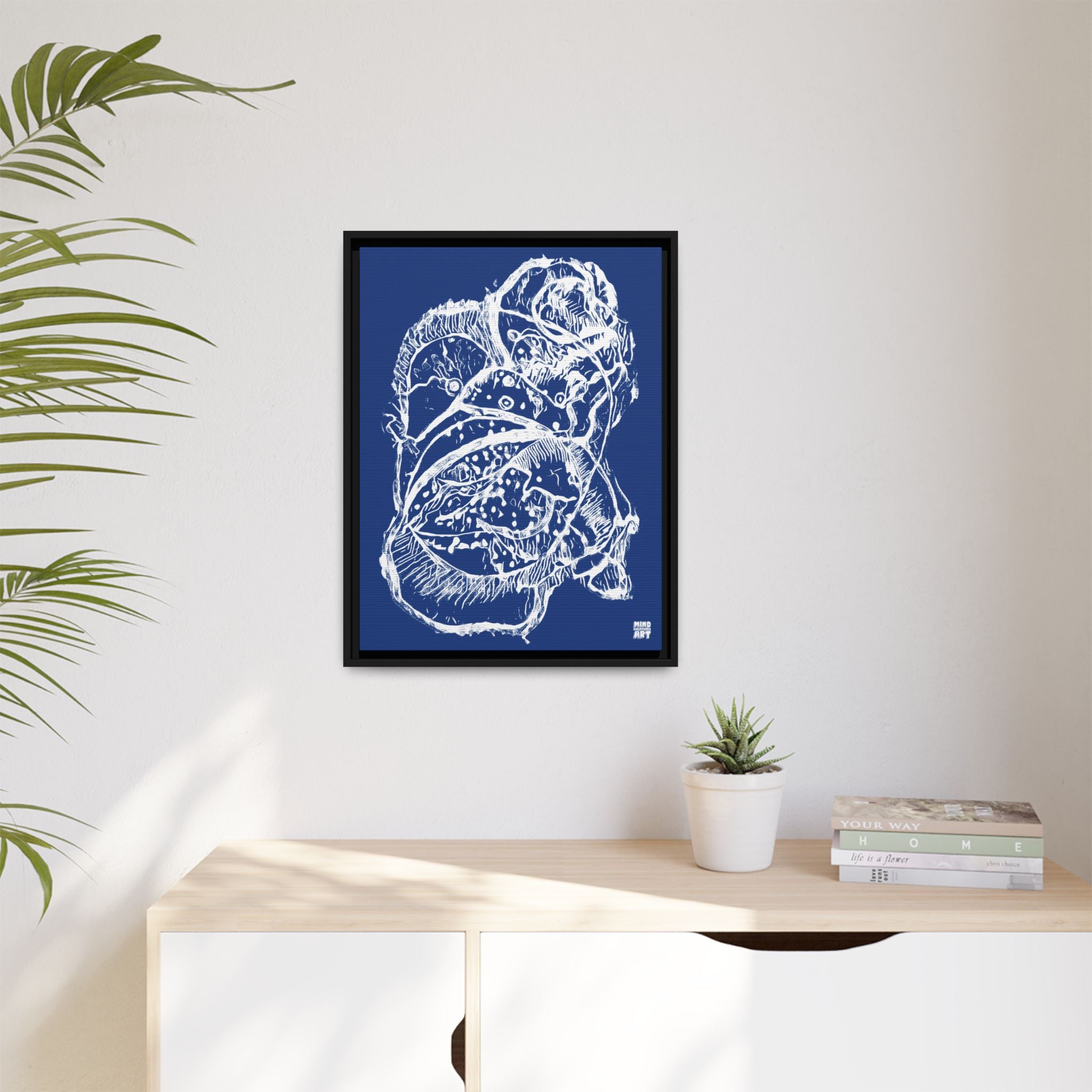 Exploration (White, Dark Blue Background) Matte Canvas, Framed
