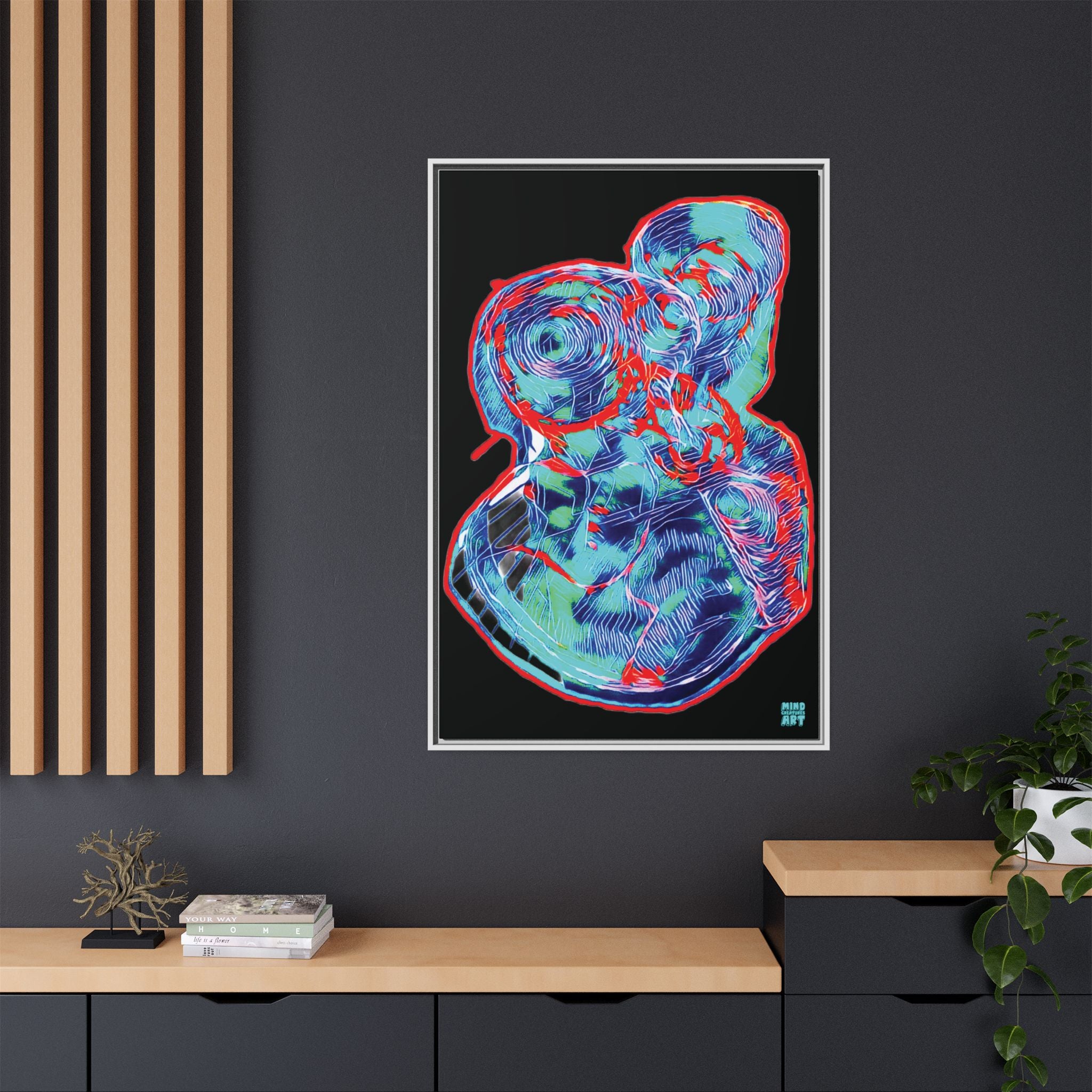 Curiosity (Red & Teal), Black Background) Matte Canvas, Framed