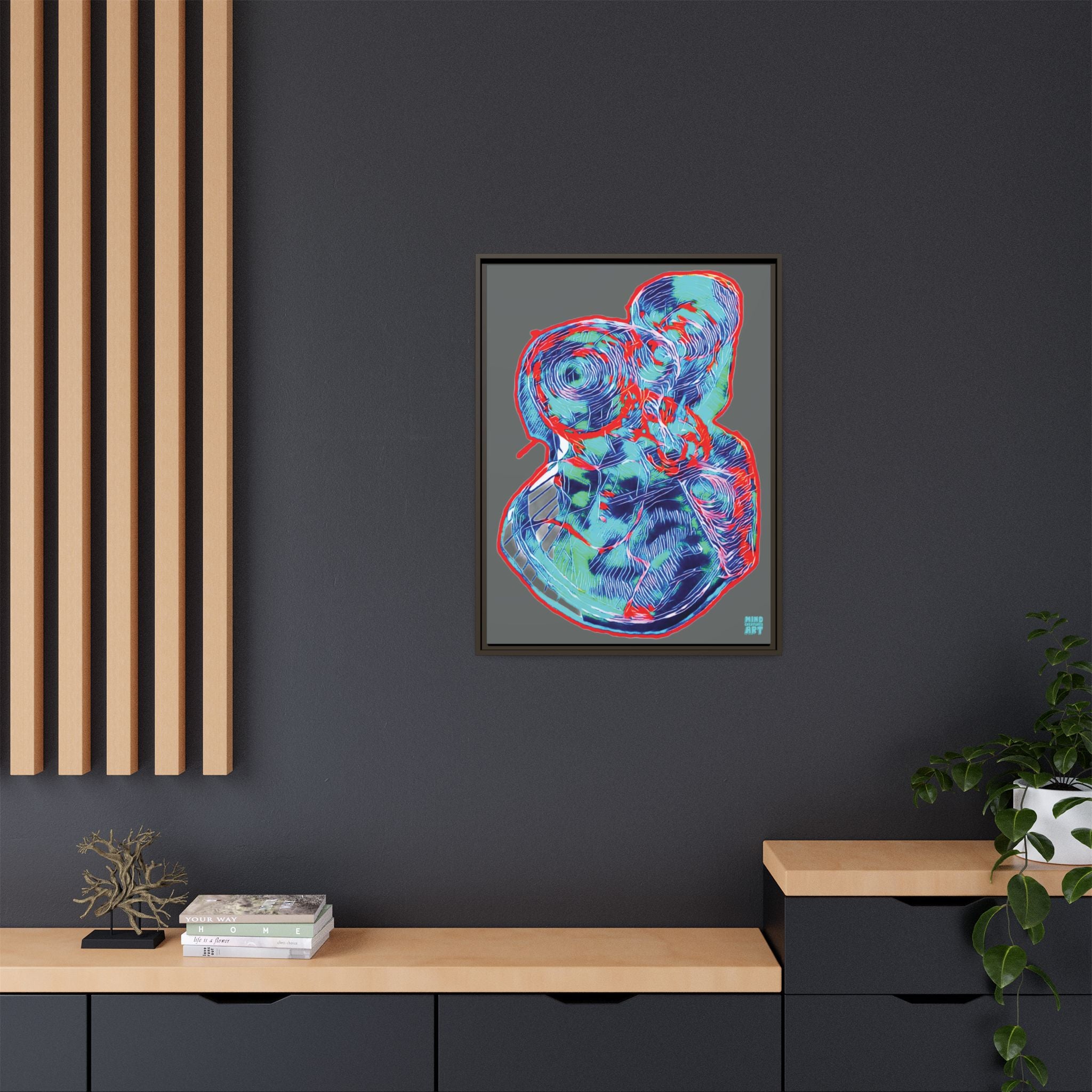 Curiosity (Red & Teal, Dark Gray Background) Matte Canvas, Framed