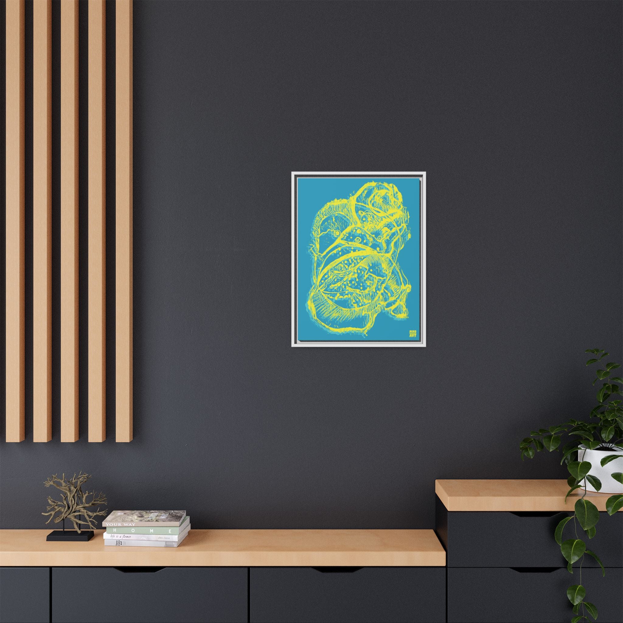 Exploration (Blur, Blue & Yellow, Dark Blue Background) Matte Canvas, Framed