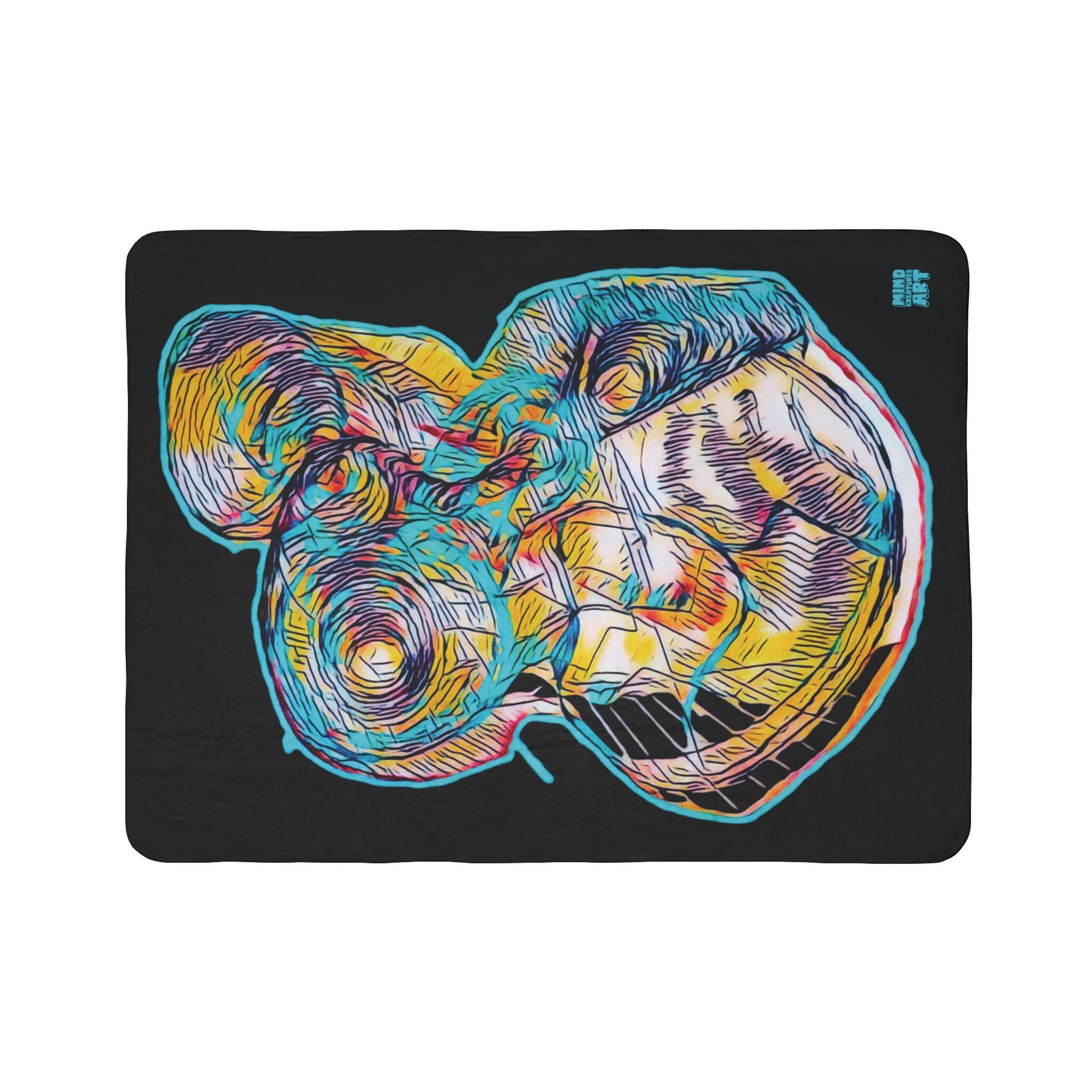 Curiosity (Teal, Black Background) Fleece Sherpa Blanket