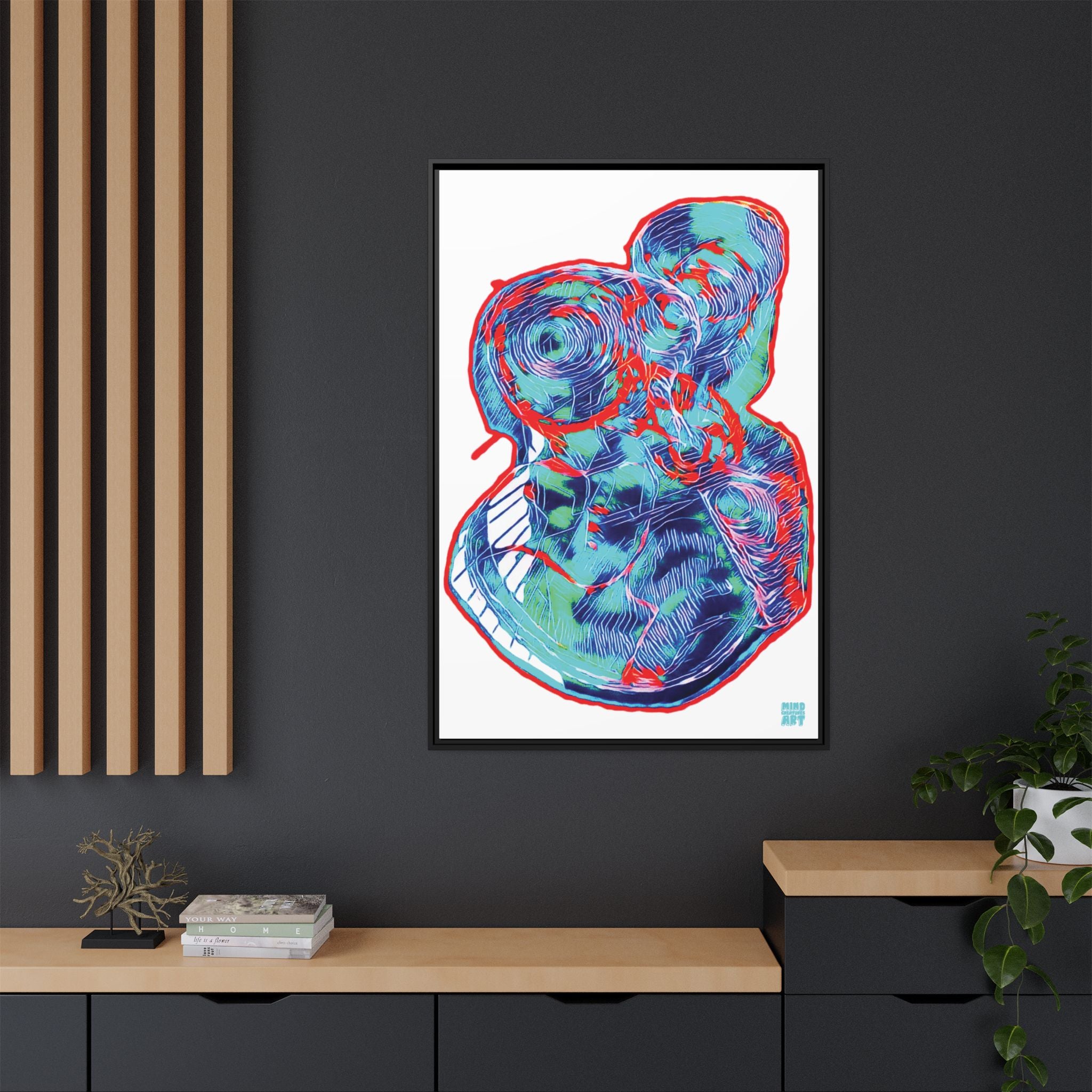 Curiosity (Red & Teal, White Background) Matte Canvas, Framed