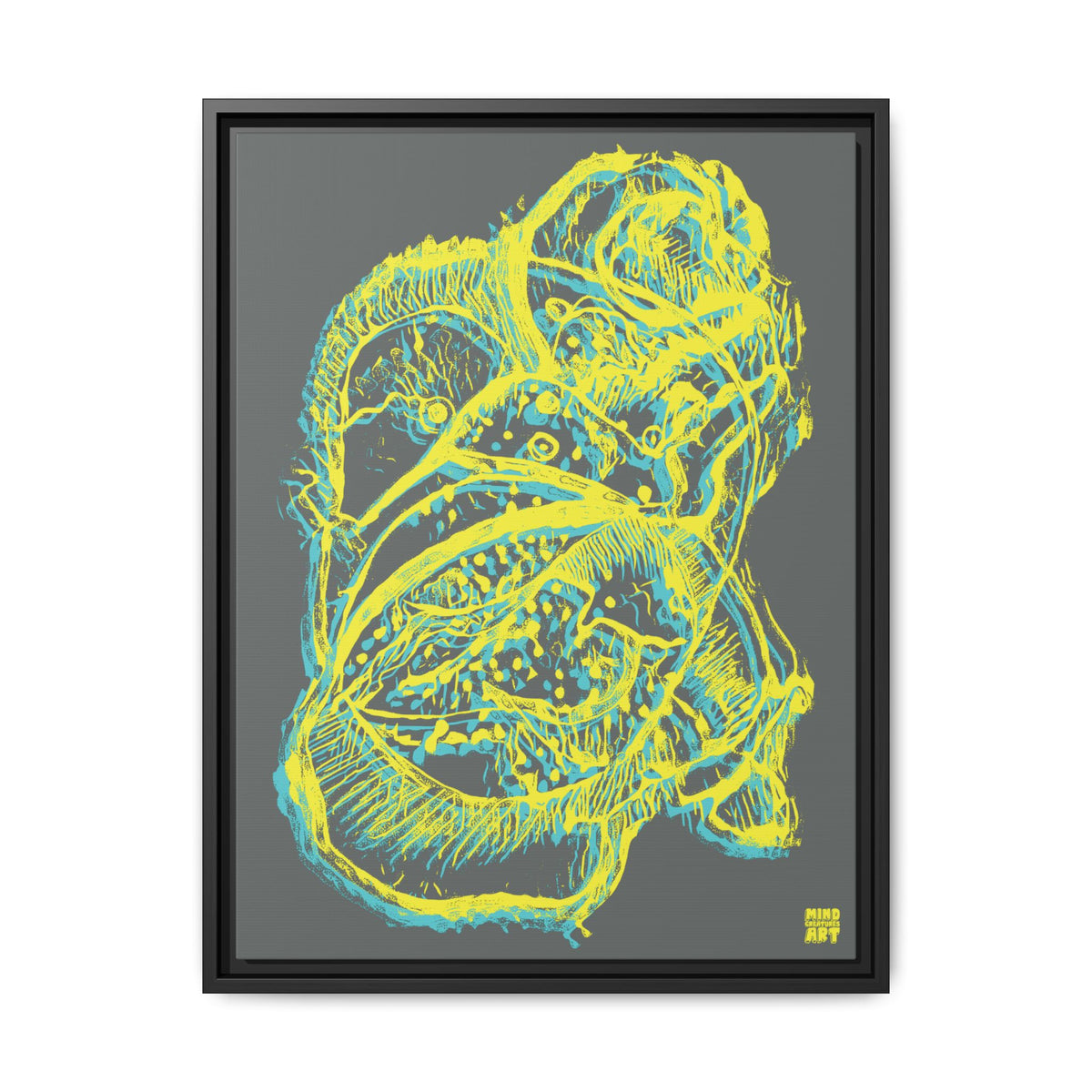 Exploration (Blur, Blue & Yellow, Dark Gray Background) Matte Canvas, Framed