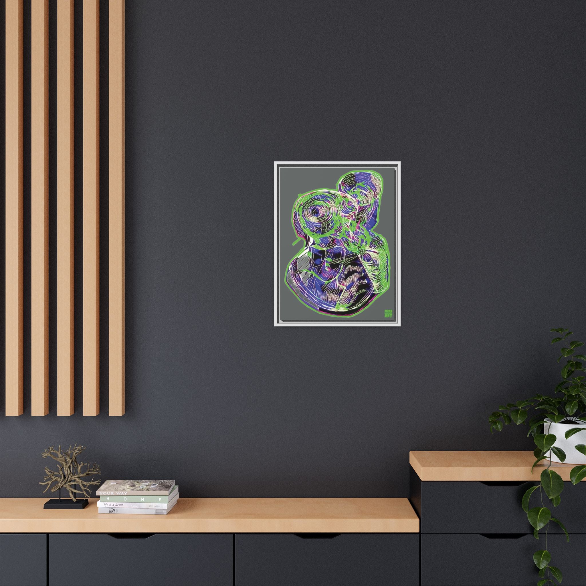 Curiosity (Electric Green, Dark Gray Background) Matte Canvas, Framed
