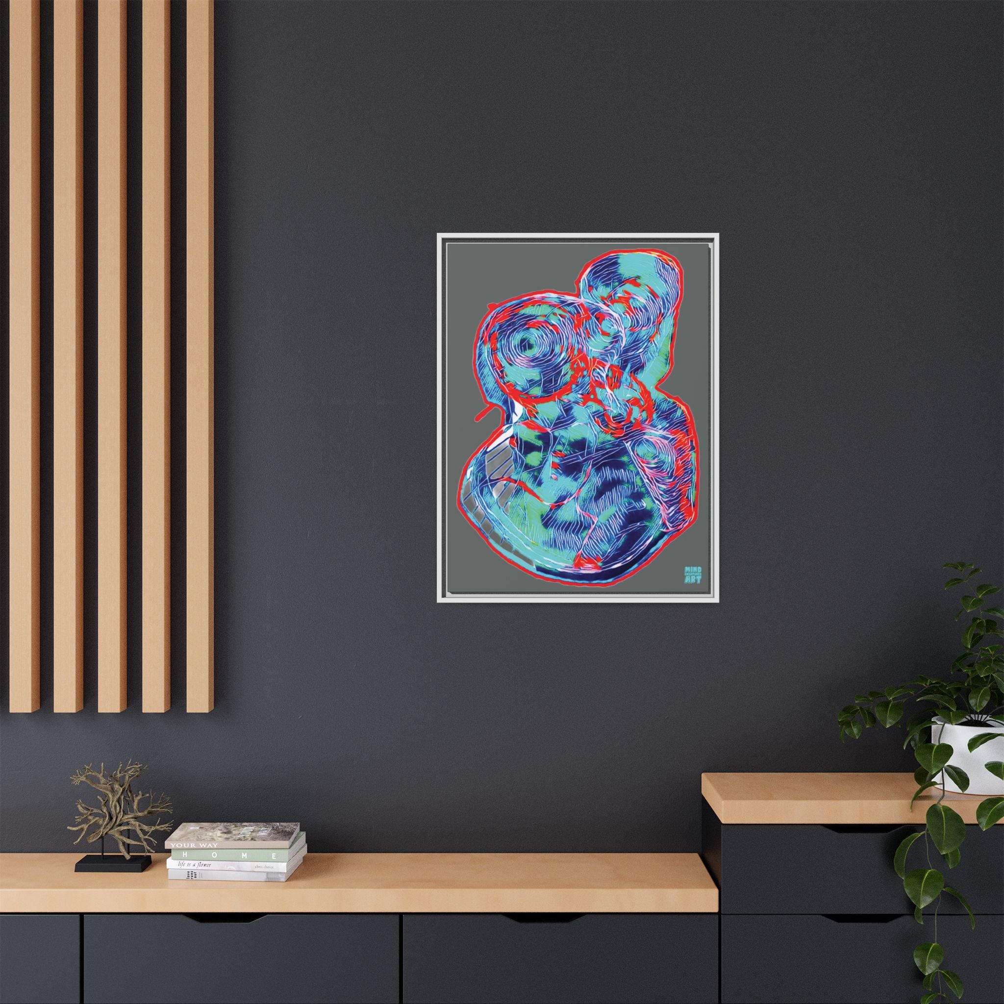 Curiosity (Red & Teal, Dark Gray Background) Matte Canvas, Framed