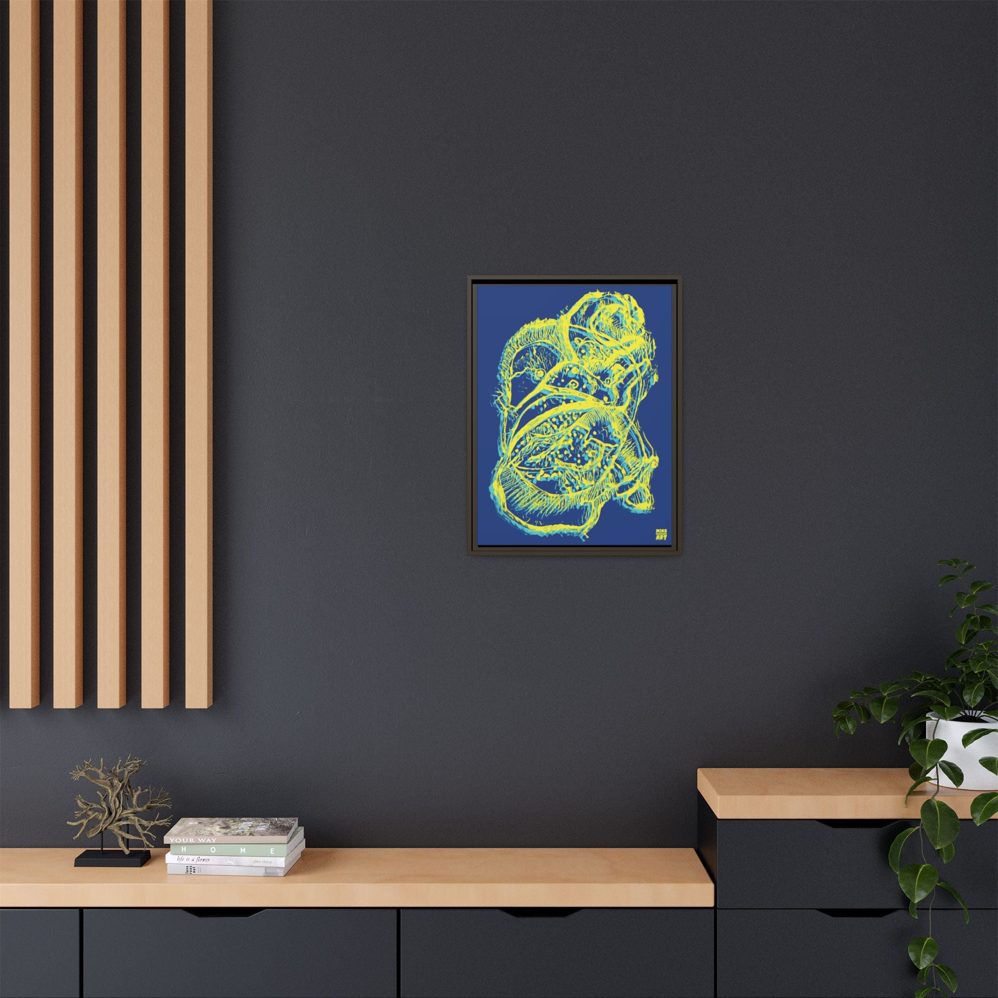 Exploration (Blur, Blue & Yellow, Dark Blue Background) Matte Canvas, Framed