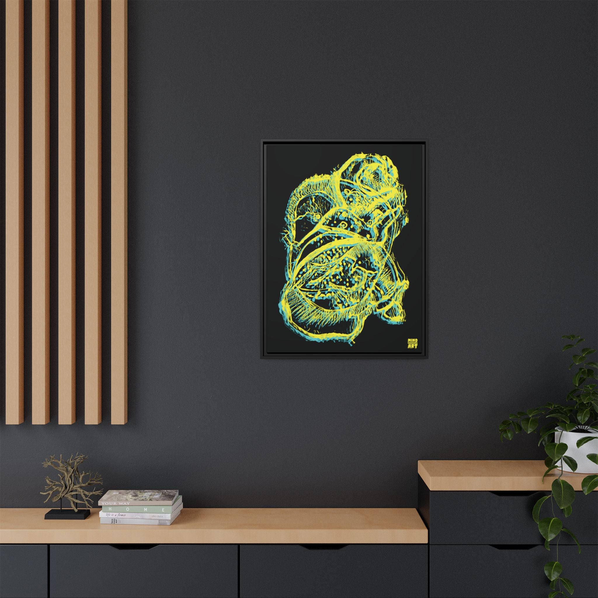 Exploration (Blur, Blue & Yellow, Black Background) Matte Canvas, Framed