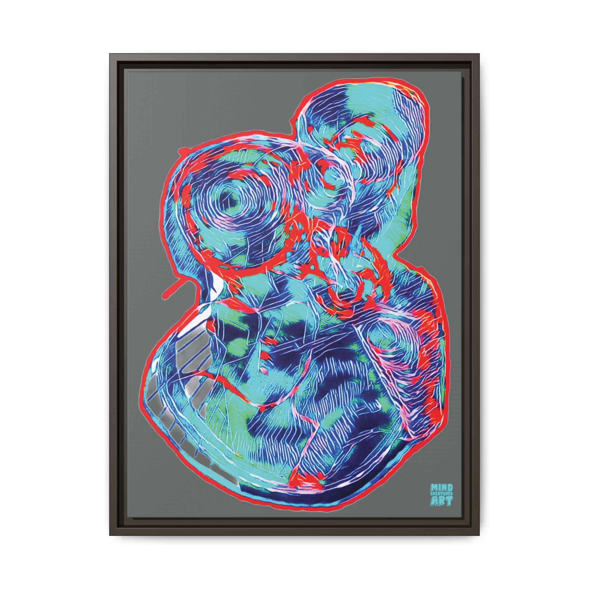 Curiosity (Red & Teal, Dark Gray Background) Matte Canvas, Framed