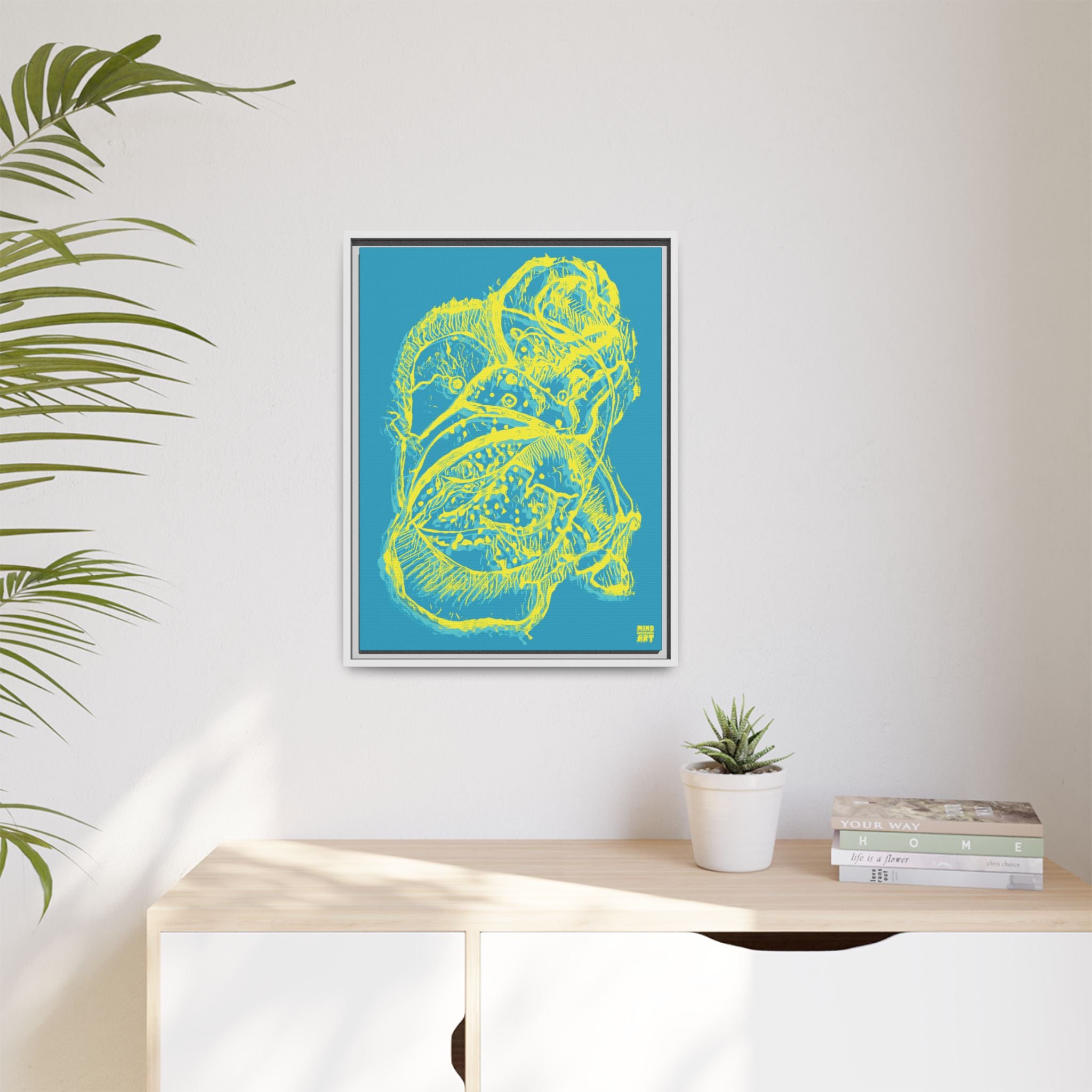 Exploration (Blur, Blue & Yellow, Dark Blue Background) Matte Canvas, Framed