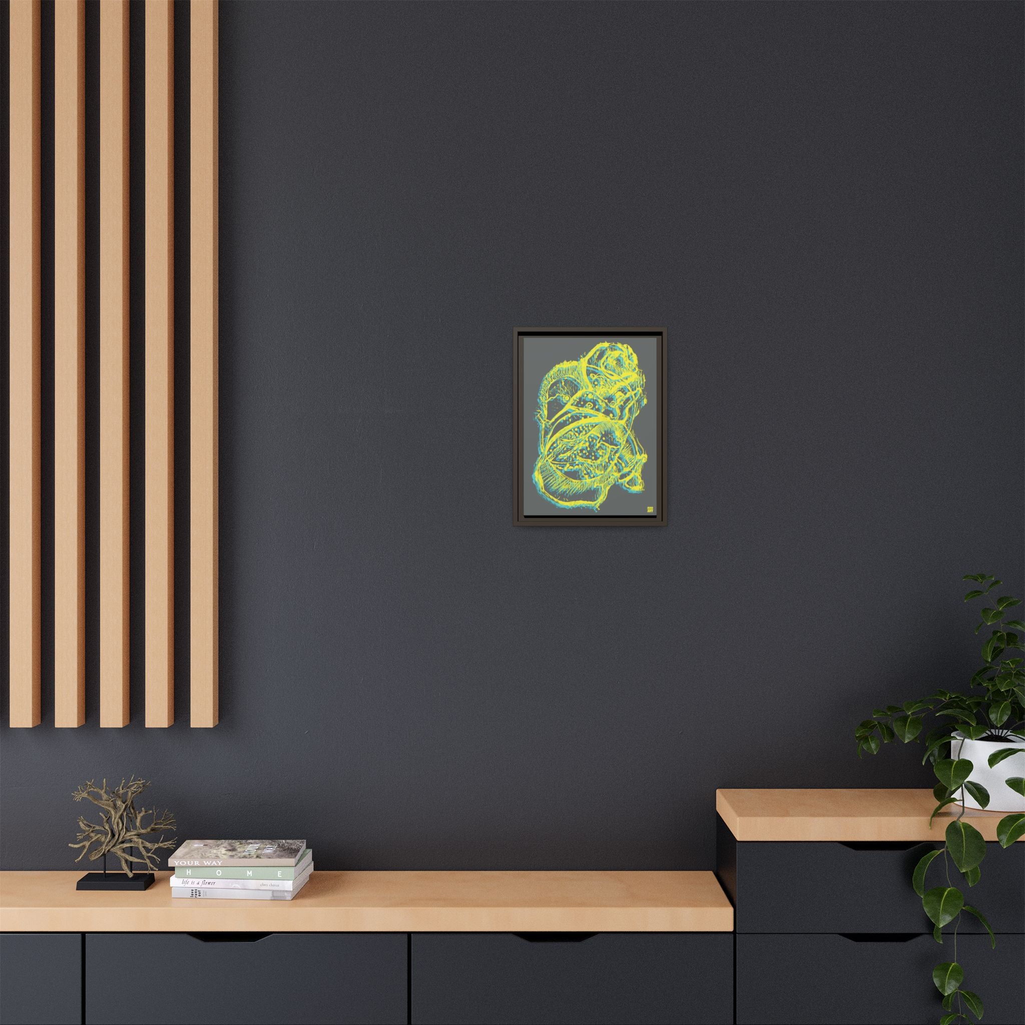 Exploration (Blur, Blue & Yellow, Dark Gray Background) Matte Canvas, Framed