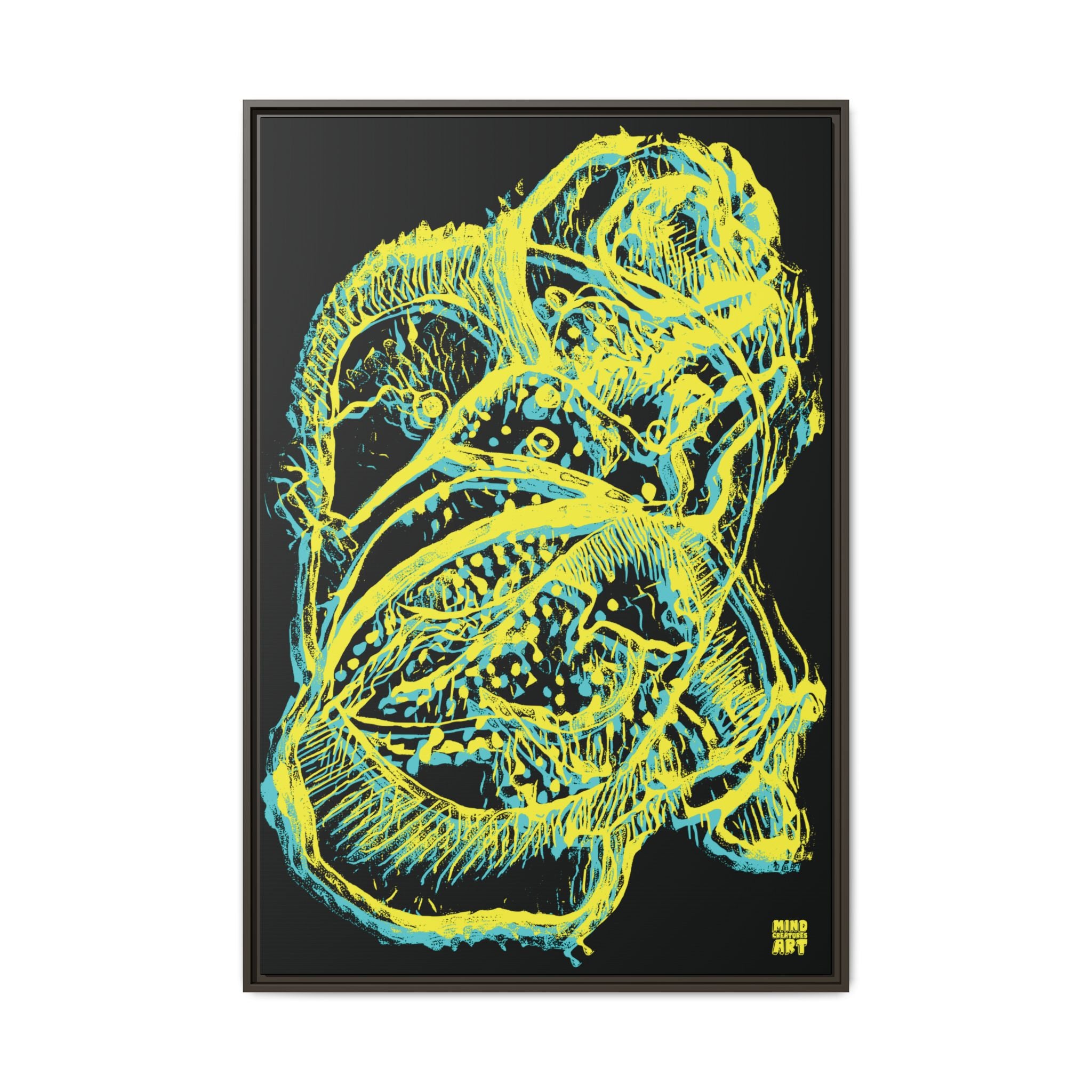 Exploration (Blur, Blue & Yellow, Black Background) Matte Canvas, Framed