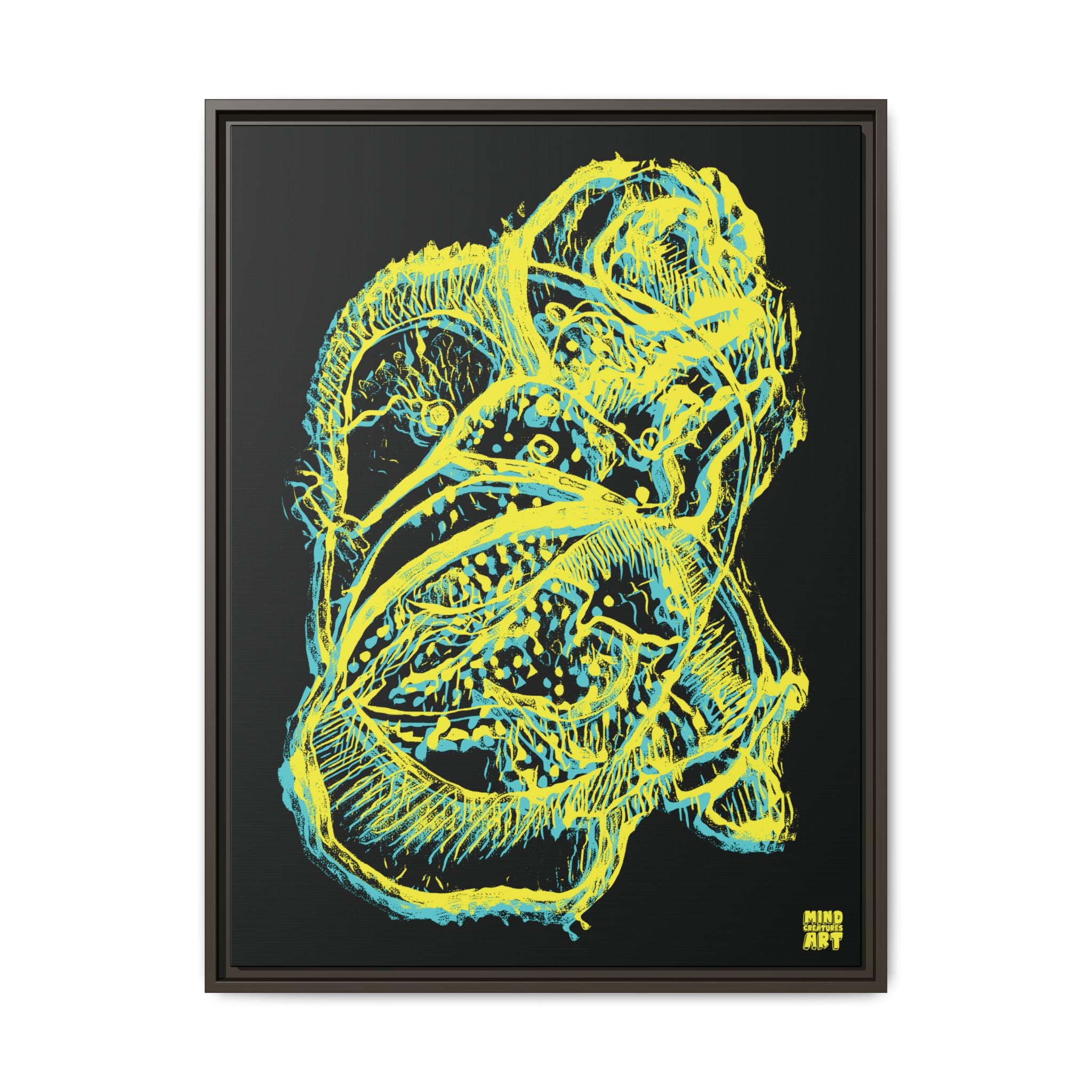 Exploration (Blur, Blue & Yellow, Black Background) Matte Canvas, Framed