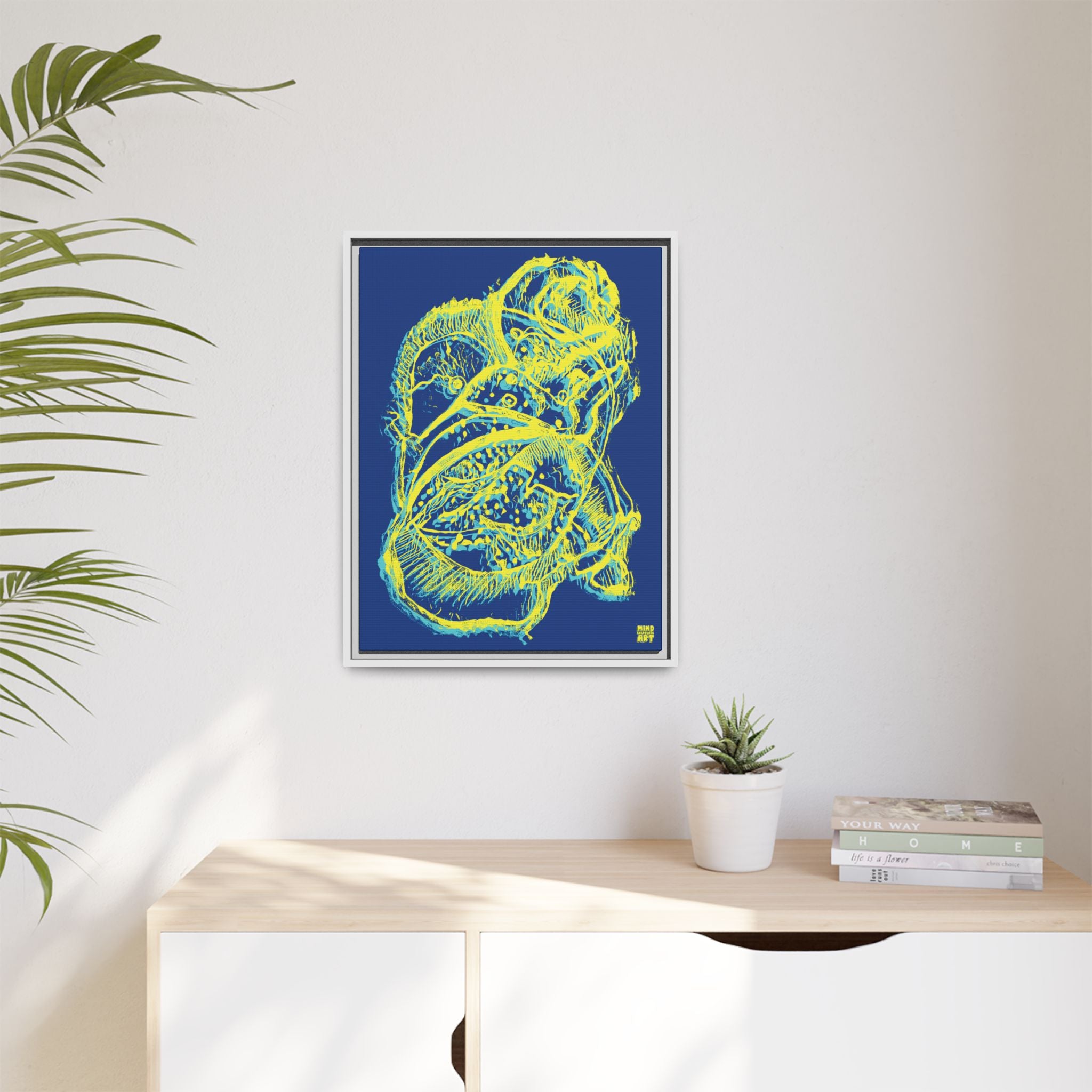 Exploration (Blur, Blue & Yellow, Dark Blue Background) Matte Canvas, Framed