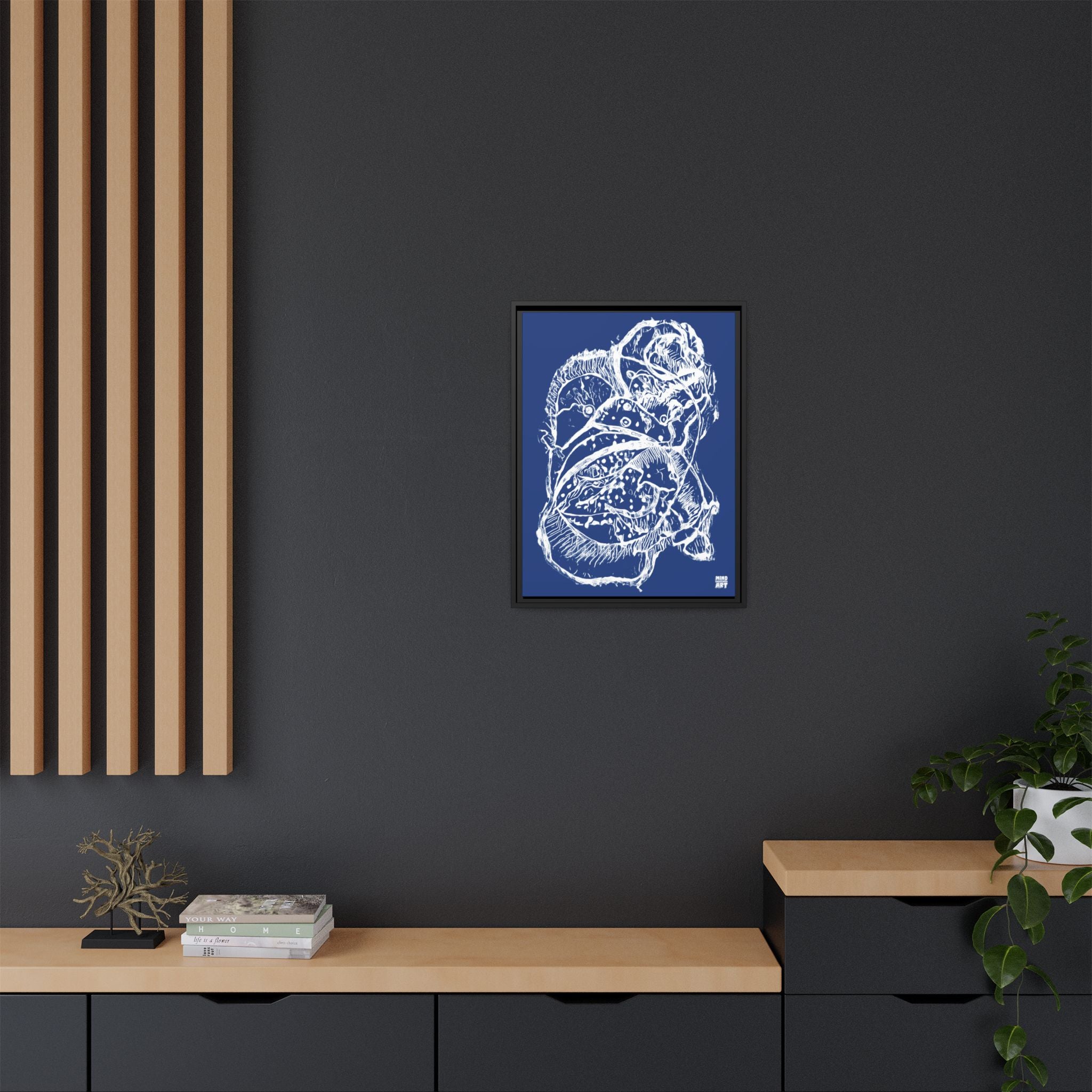 Exploration (White, Dark Blue Background) Matte Canvas, Framed