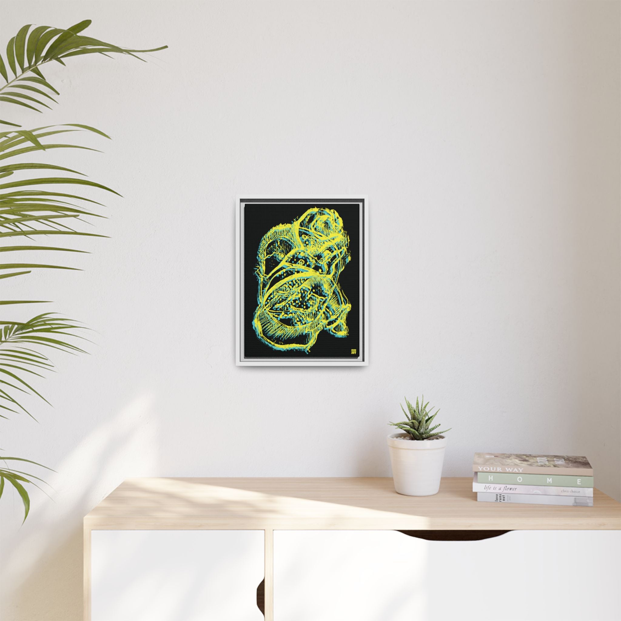 Exploration (Blur, Blue & Yellow, Black Background) Matte Canvas, Framed