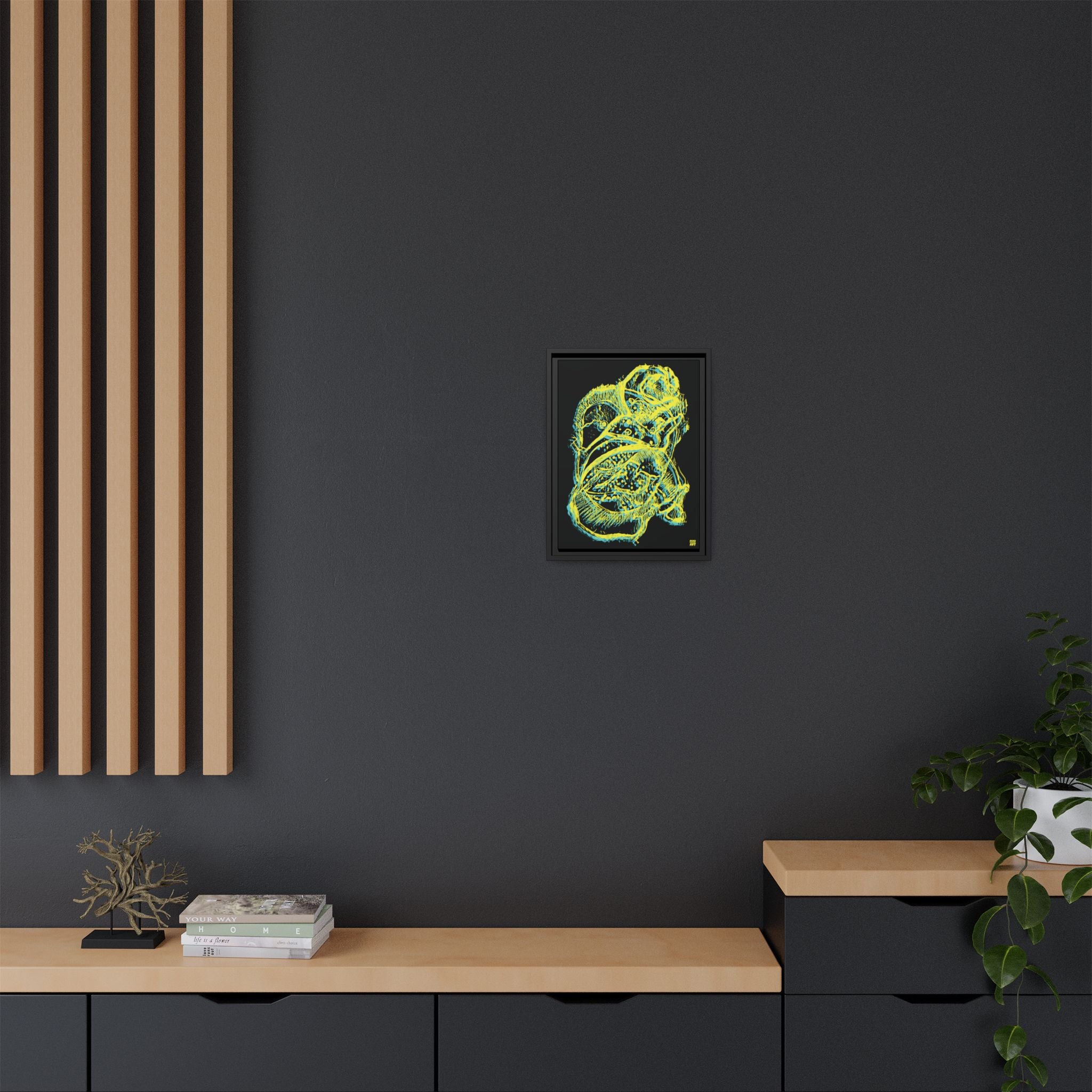 Exploration (Blur, Blue & Yellow, Black Background) Matte Canvas, Framed