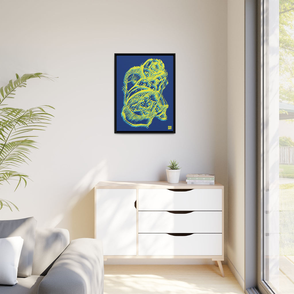 Exploration (Blur, Blue & Yellow, Dark Blue Background) Matte Canvas, Framed