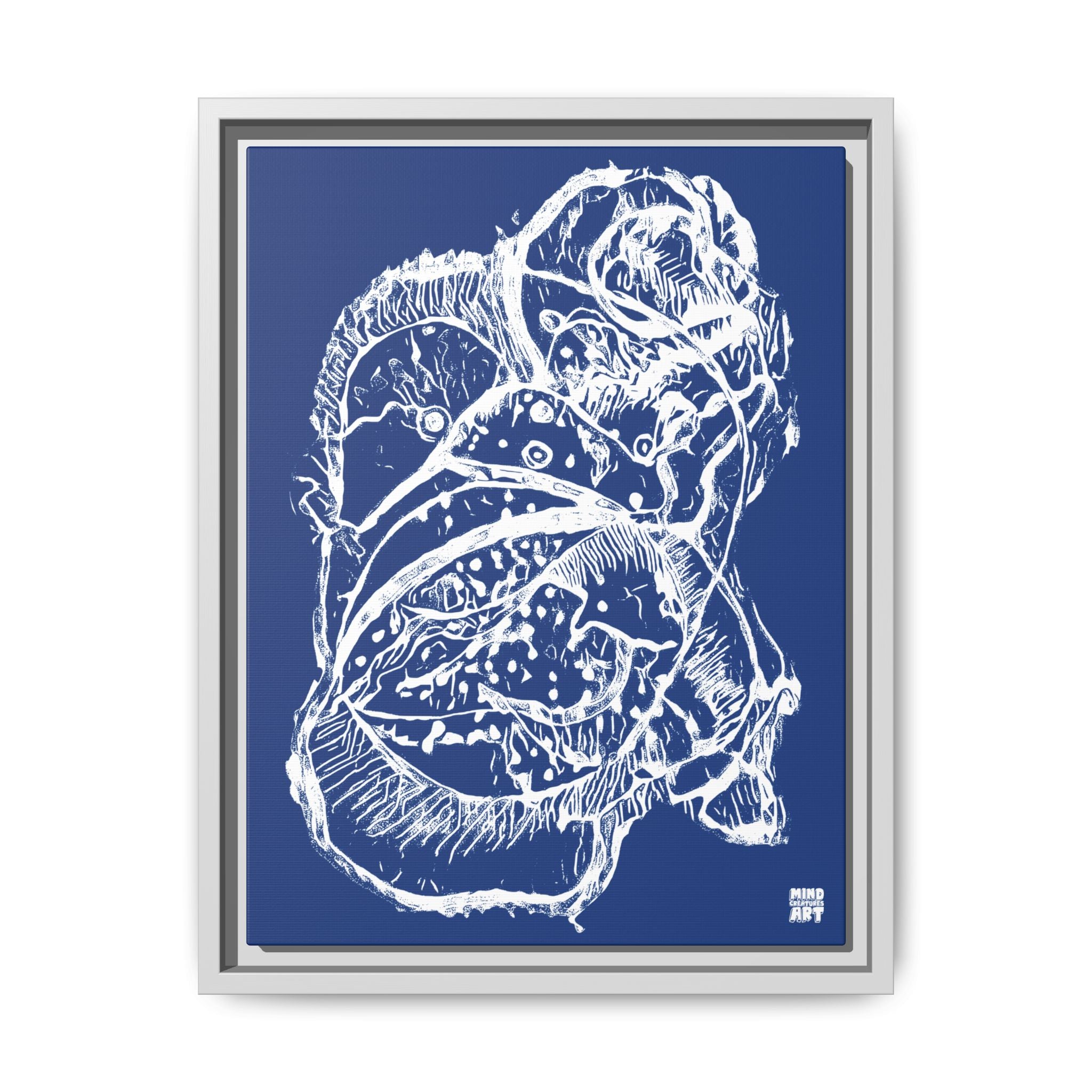 Exploration (White, Dark Blue Background) Matte Canvas, Framed