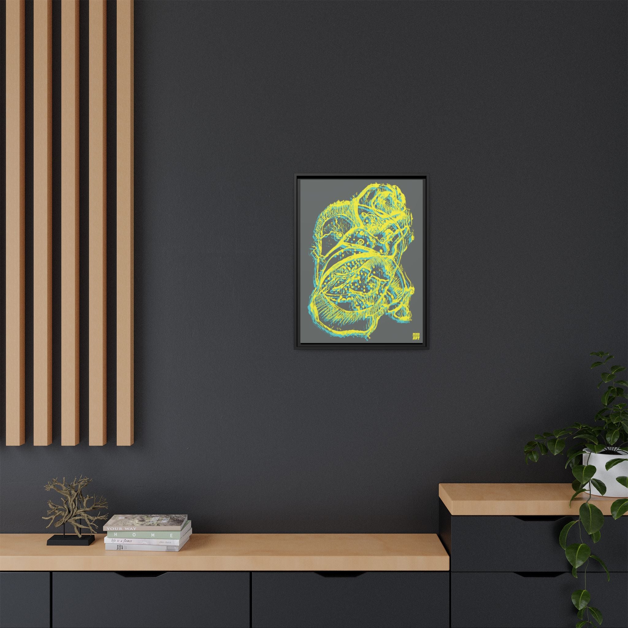 Exploration (Blur, Blue & Yellow, Dark Gray Background) Matte Canvas, Framed
