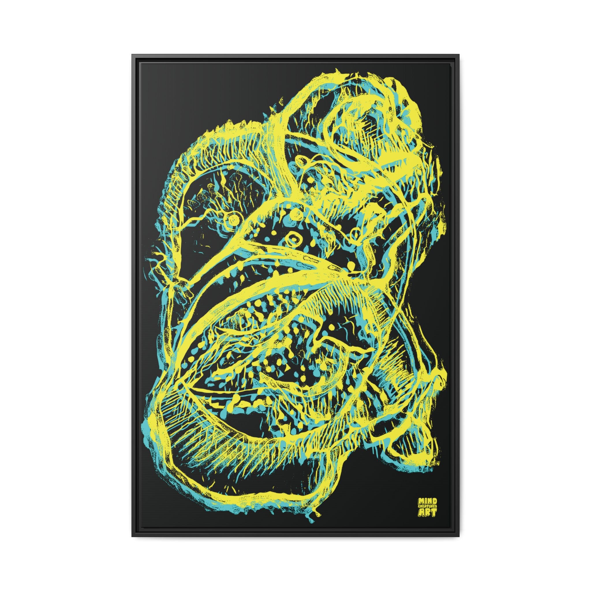 Exploration (Blur, Blue & Yellow, Black Background) Matte Canvas, Framed