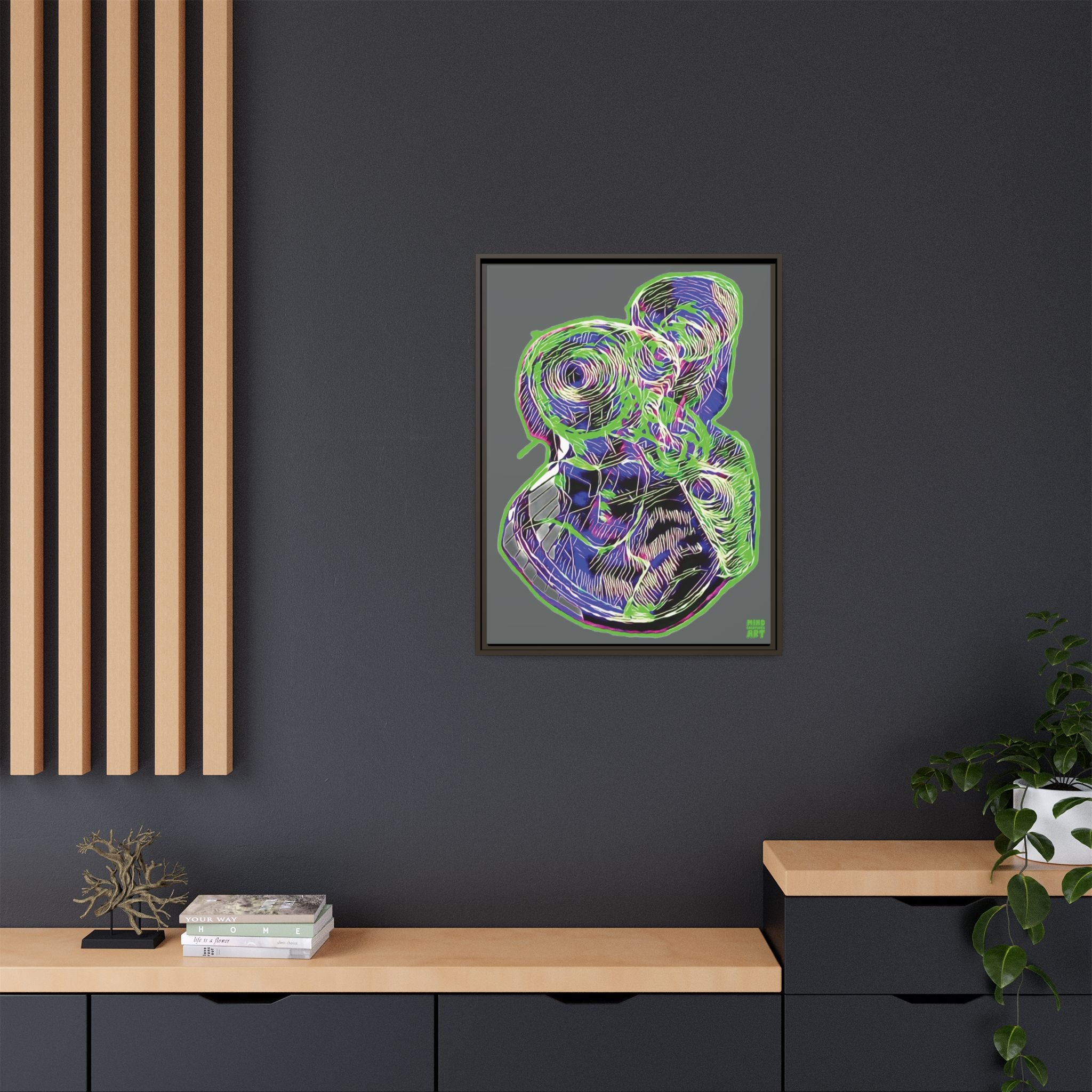 Curiosity (Electric Green, Dark Gray Background) Matte Canvas, Framed