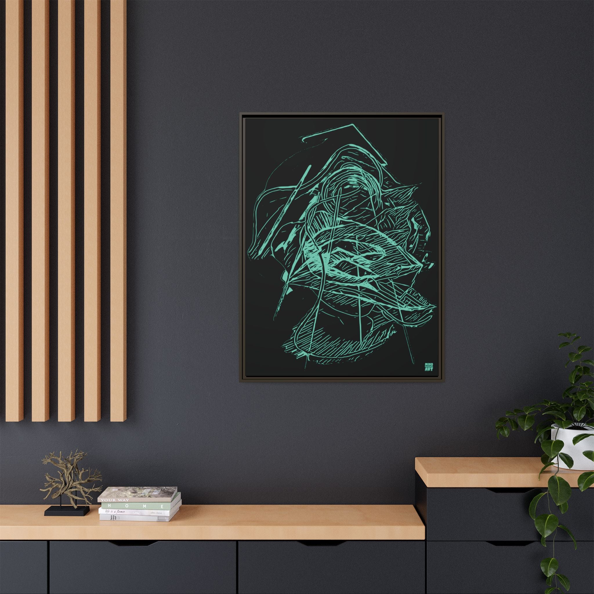 Dive Reflex (Teal, Black Background) Matte Canvas, Framed